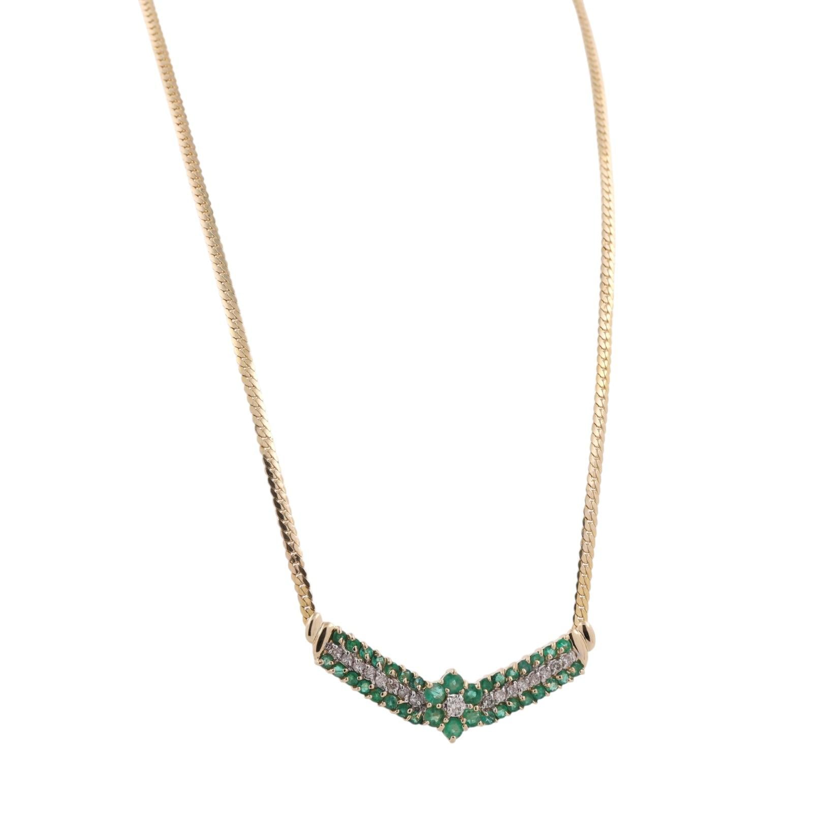 14K Gold Natural Emerald Diamond Chevron Necklace 17.5" Italy Estate 2.15CTW