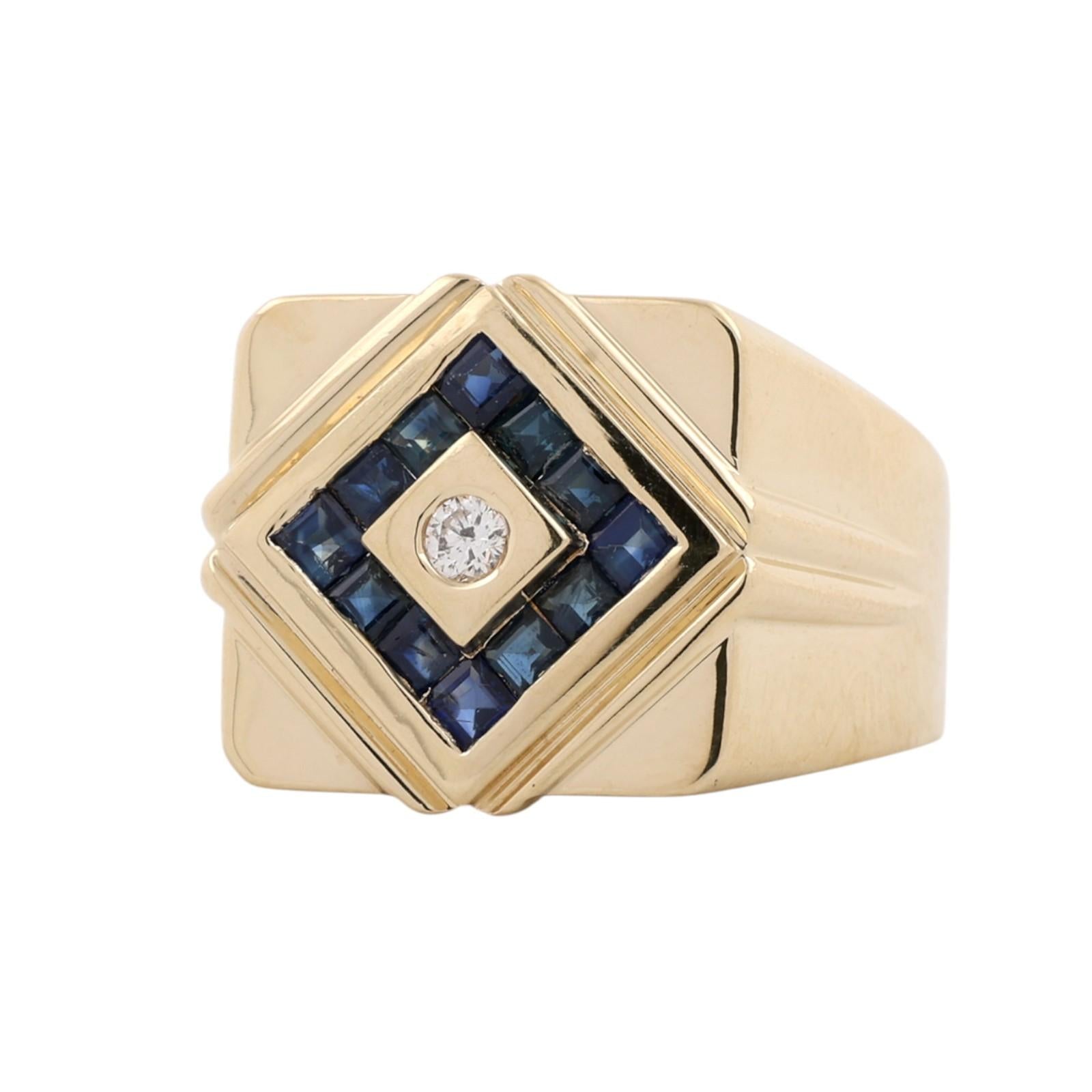 14K Gold Men's Princess Sapphire Diamond Signet Ring Size 10.25 Estate 0.55CTW