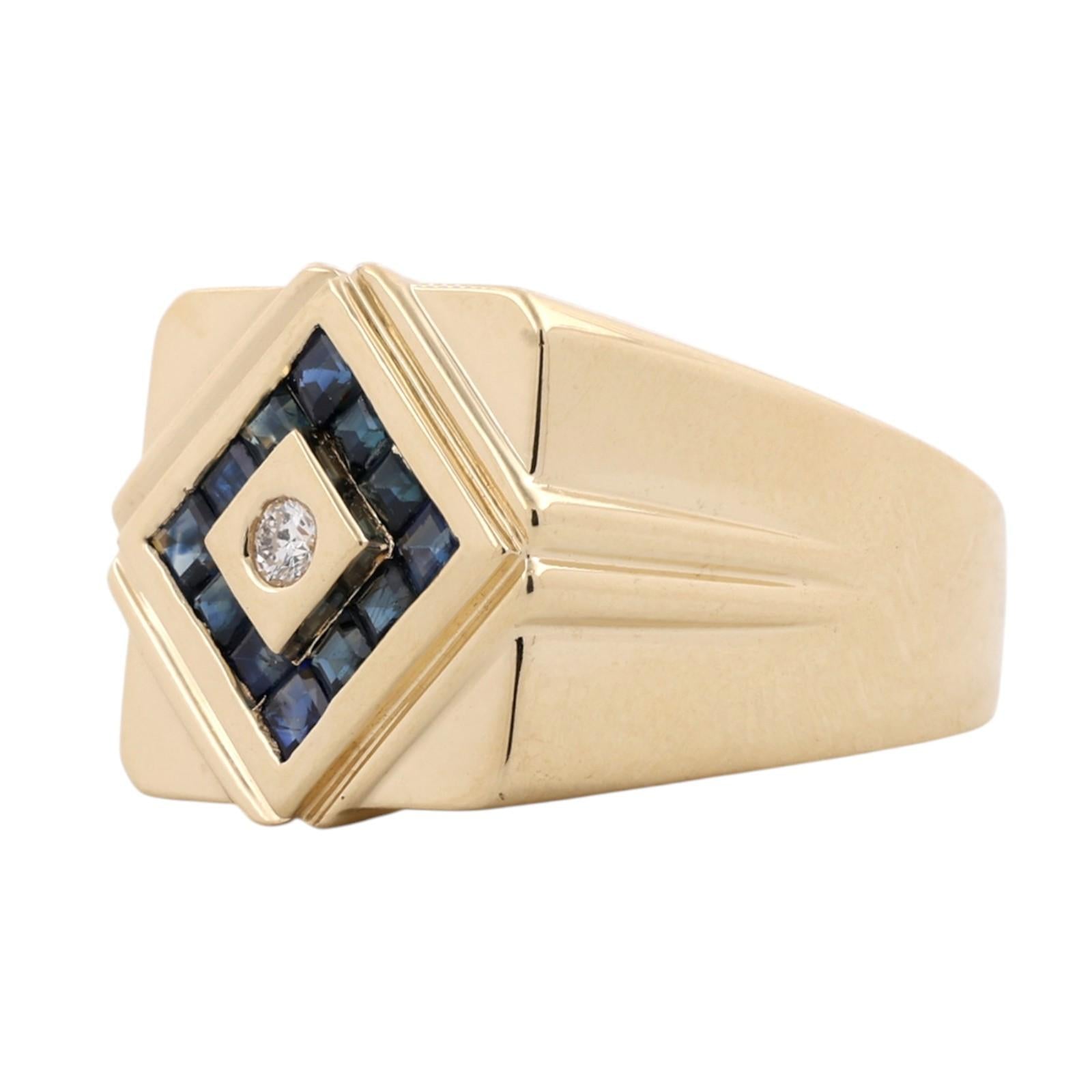 14K Gold Men's Princess Sapphire Diamond Signet Ring Size 10.25 Estate 0.55CTW