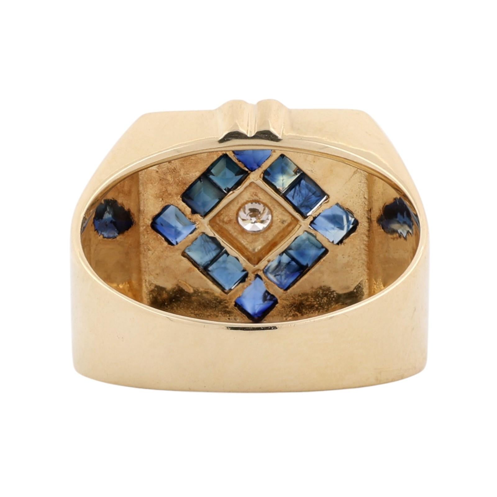 14K Gold Men's Princess Sapphire Diamond Signet Ring Size 10.25 Estate 0.55CTW