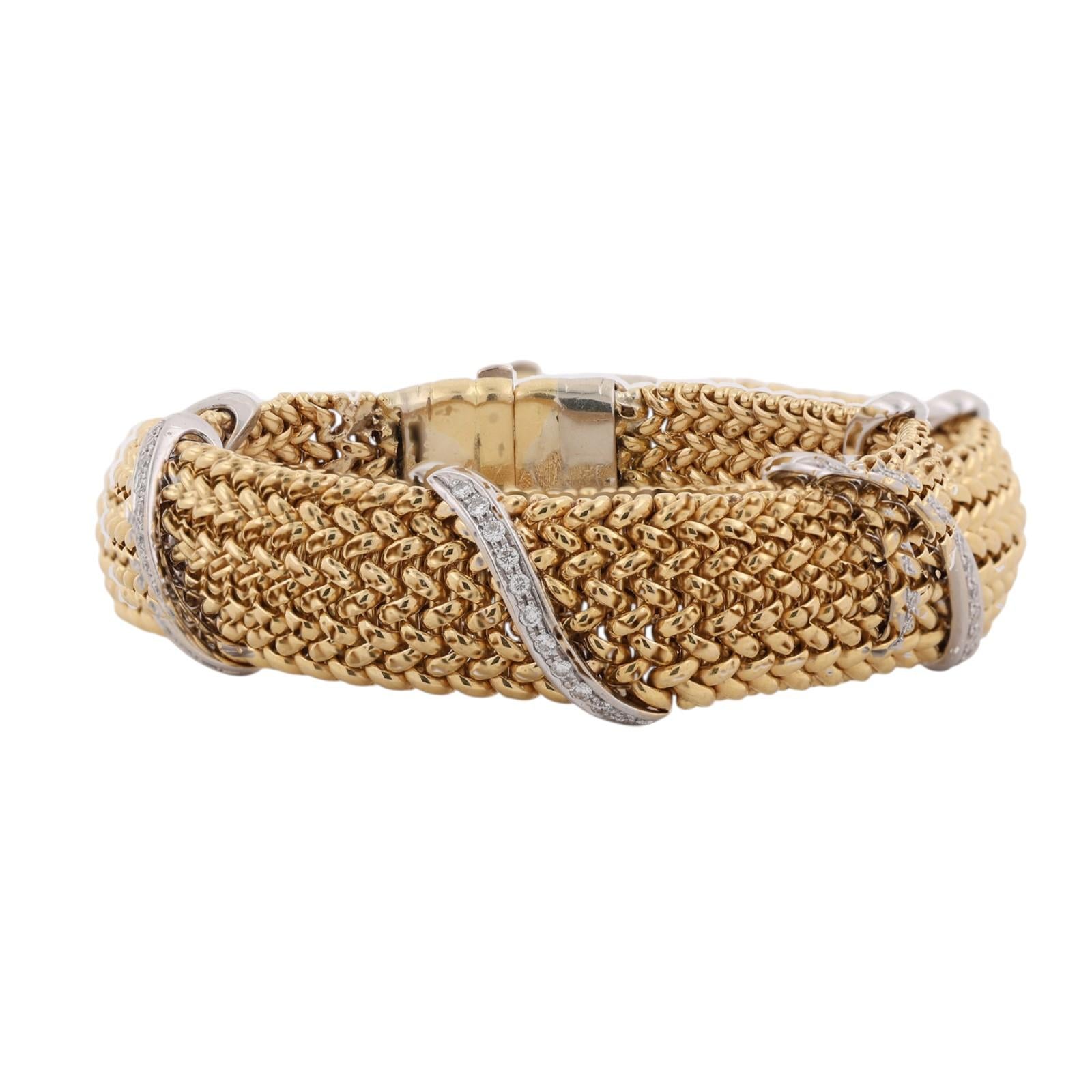 18K Two Tone Gold 1.30 CTW Natural Diamond Wide Woven Mesh Bracelet Vintage