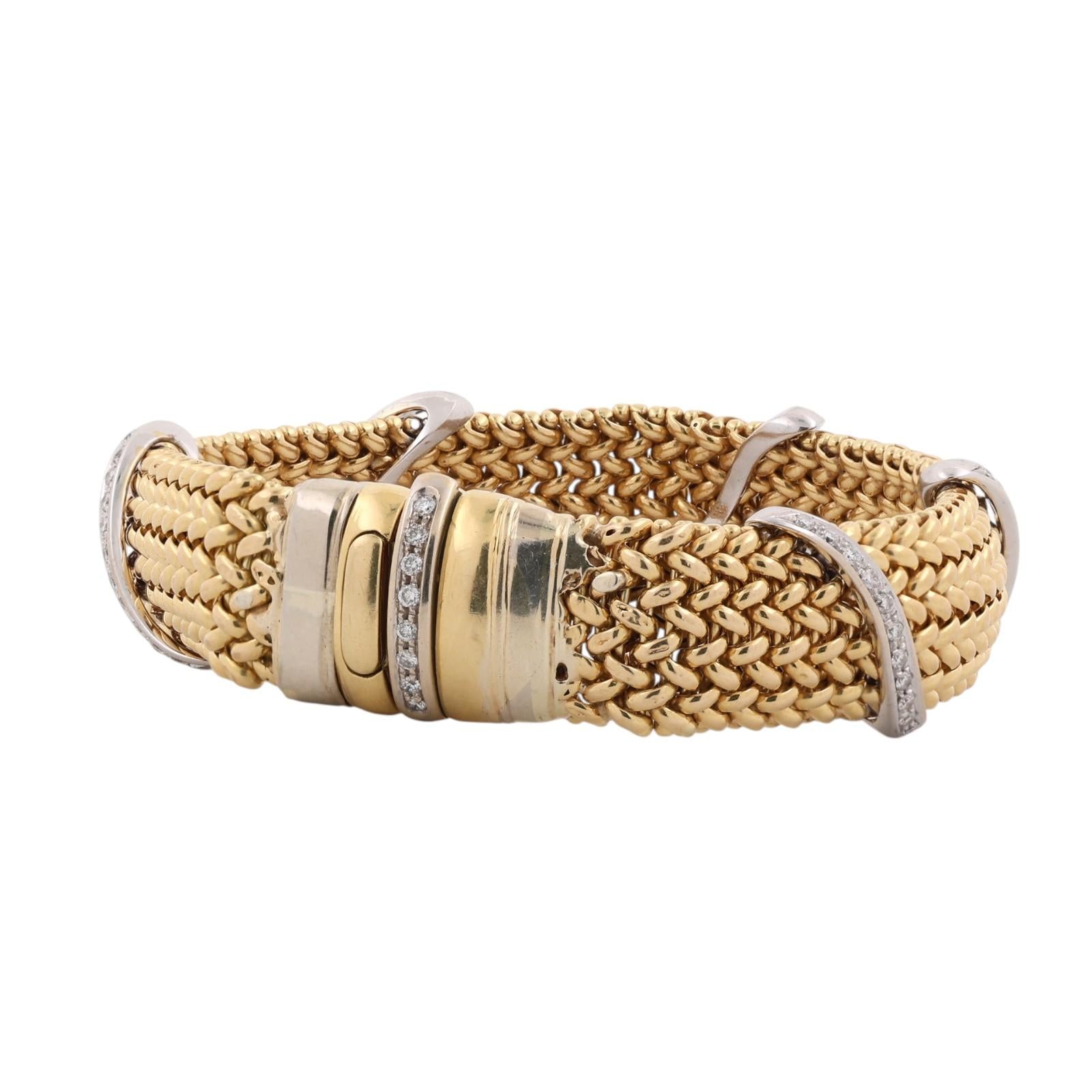 18K Two Tone Gold 1.30 CTW Natural Diamond Wide Woven Mesh Bracelet Vintage
