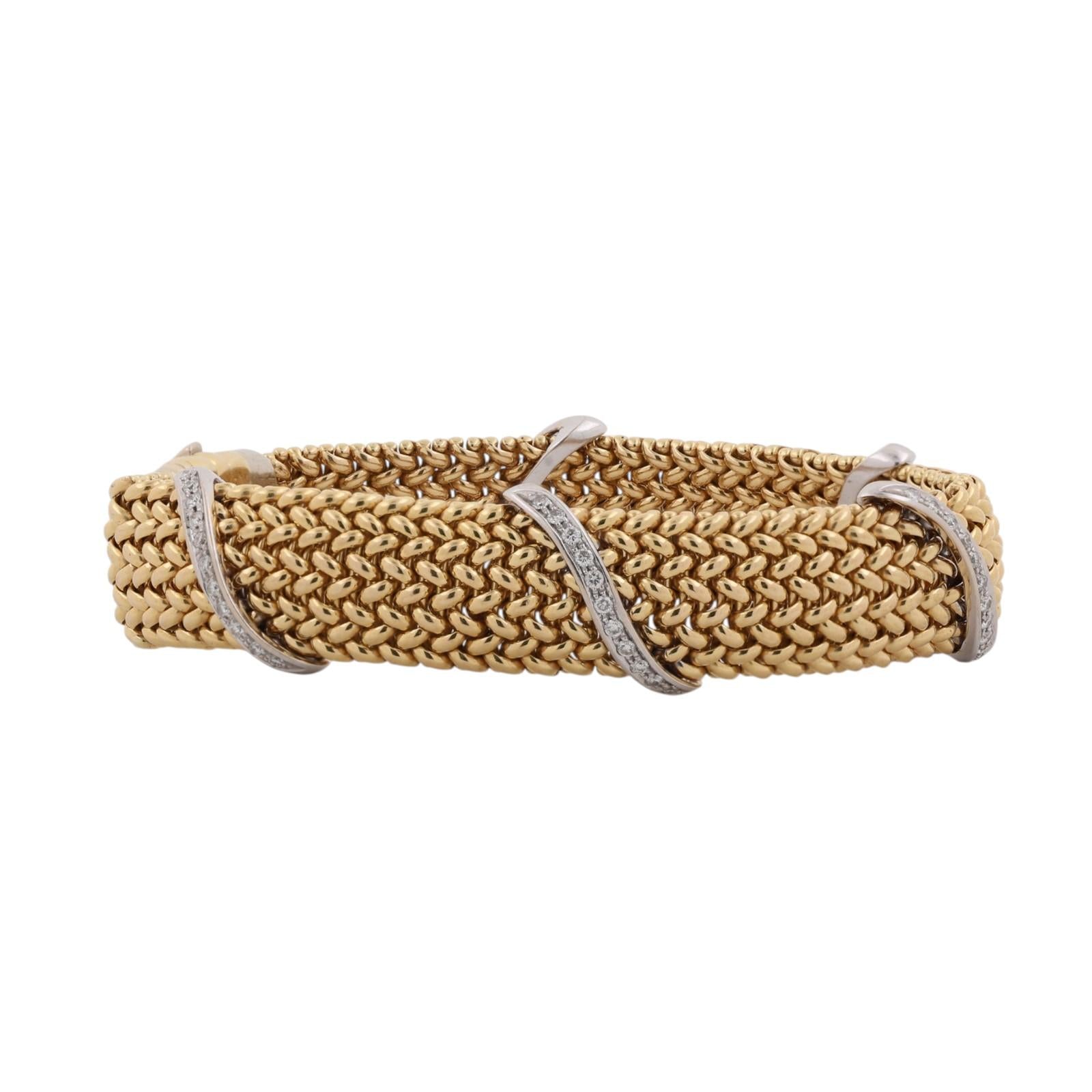 18K Two Tone Gold 1.30 CTW Natural Diamond Wide Woven Mesh Bracelet Vintage