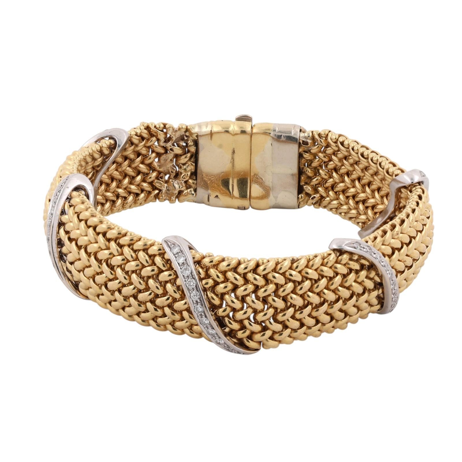 18K Two Tone Gold 1.30 CTW Natural Diamond Wide Woven Mesh Bracelet Vintage