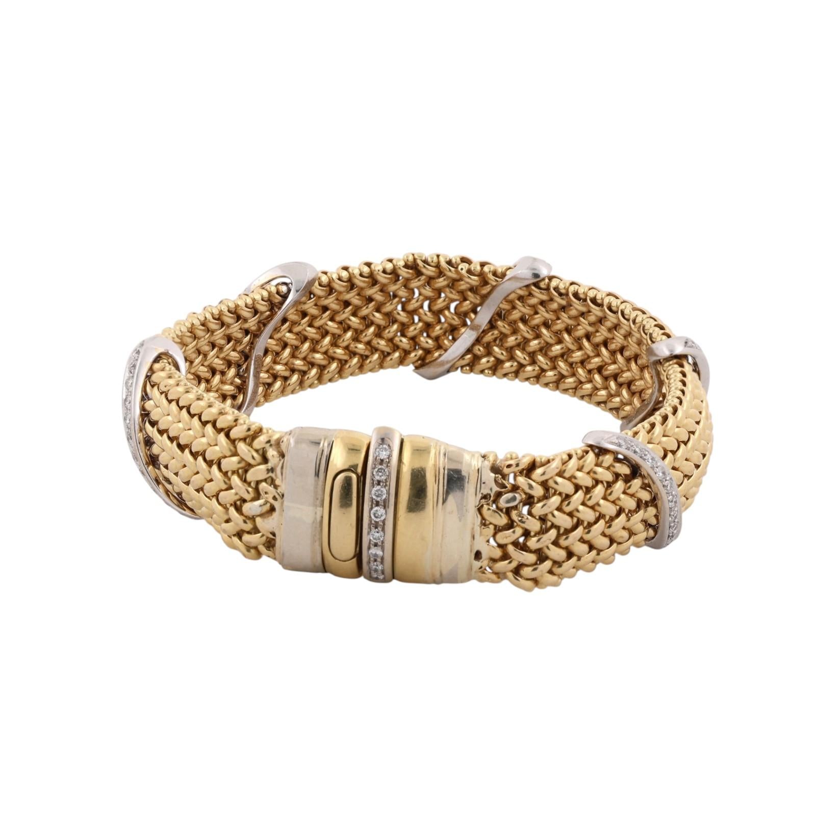 18K Two Tone Gold 1.30 CTW Natural Diamond Wide Woven Mesh Bracelet Vintage
