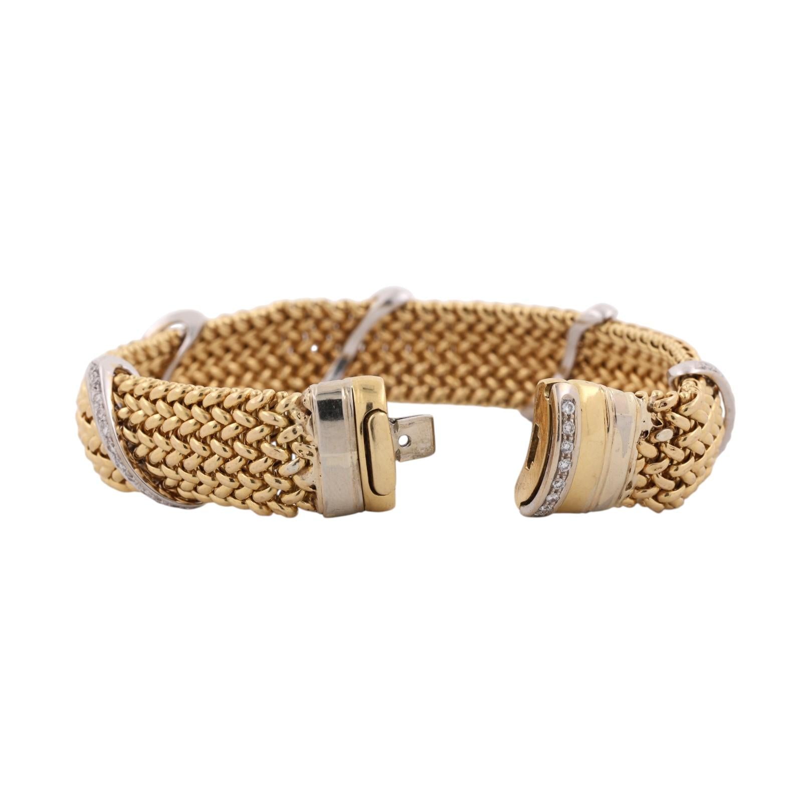 18K Two Tone Gold 1.30 CTW Natural Diamond Wide Woven Mesh Bracelet Vintage