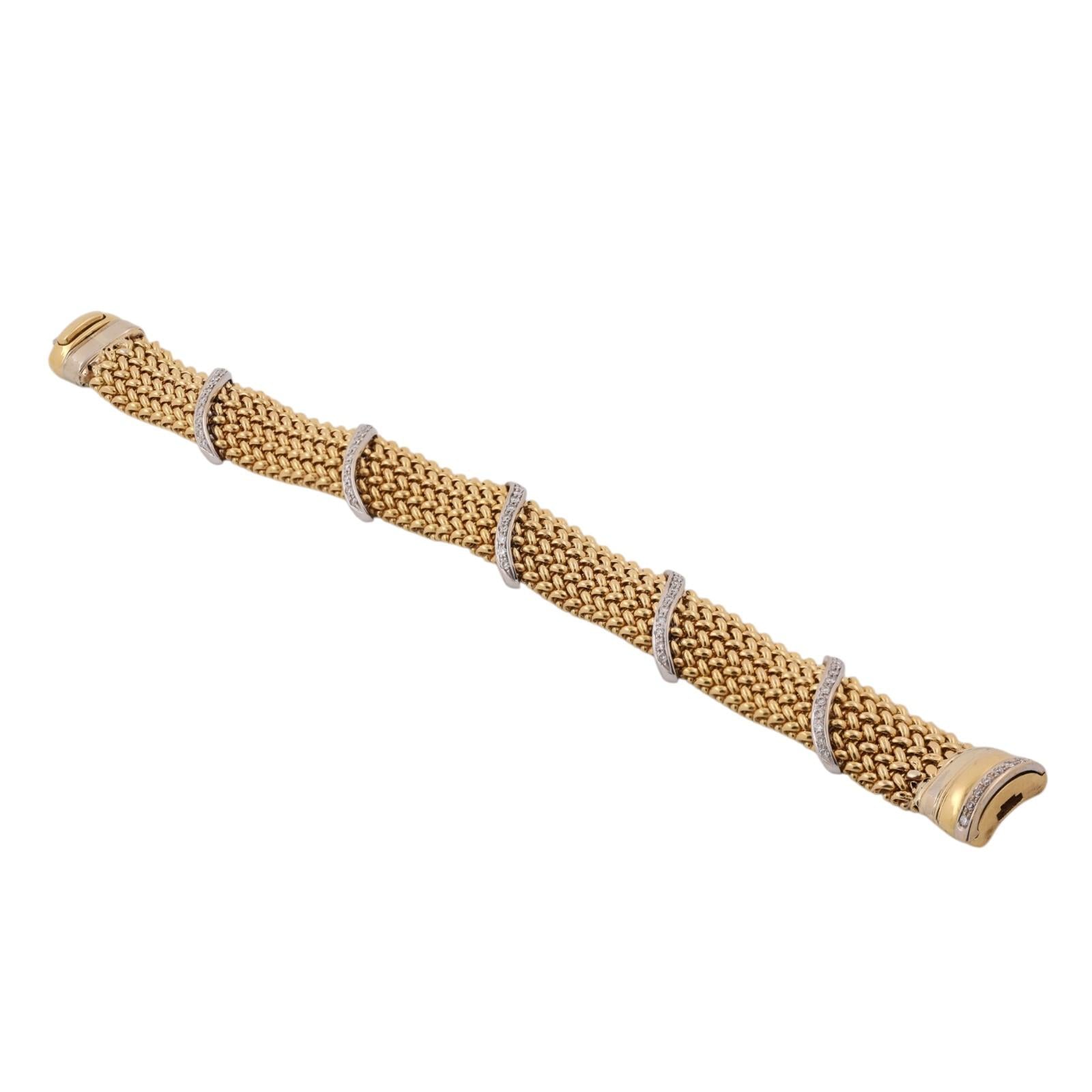 18K Two Tone Gold 1.30 CTW Natural Diamond Wide Woven Mesh Bracelet Vintage