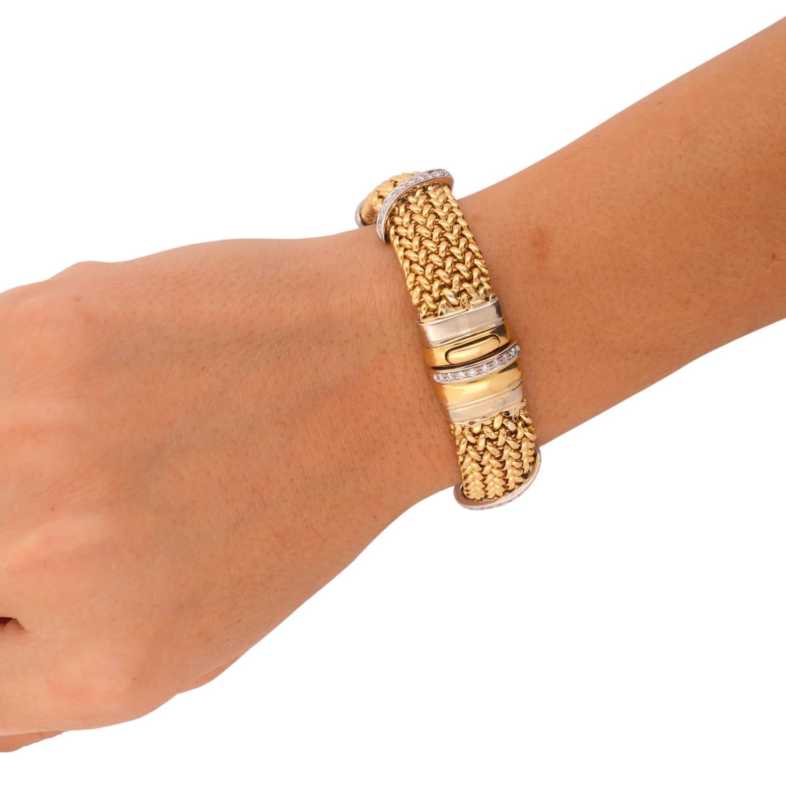 18K Two Tone Gold 1.30 CTW Natural Diamond Wide Woven Mesh Bracelet Vintage