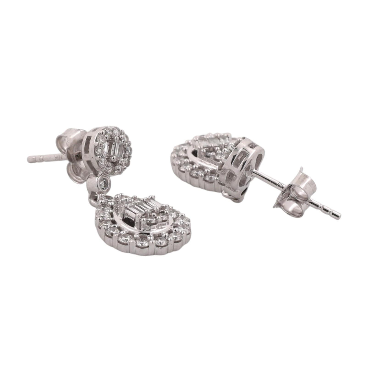 Natural Diamond Teardrop Dangle Earrings 10K White Gold 1.35 CTW Round Baguette