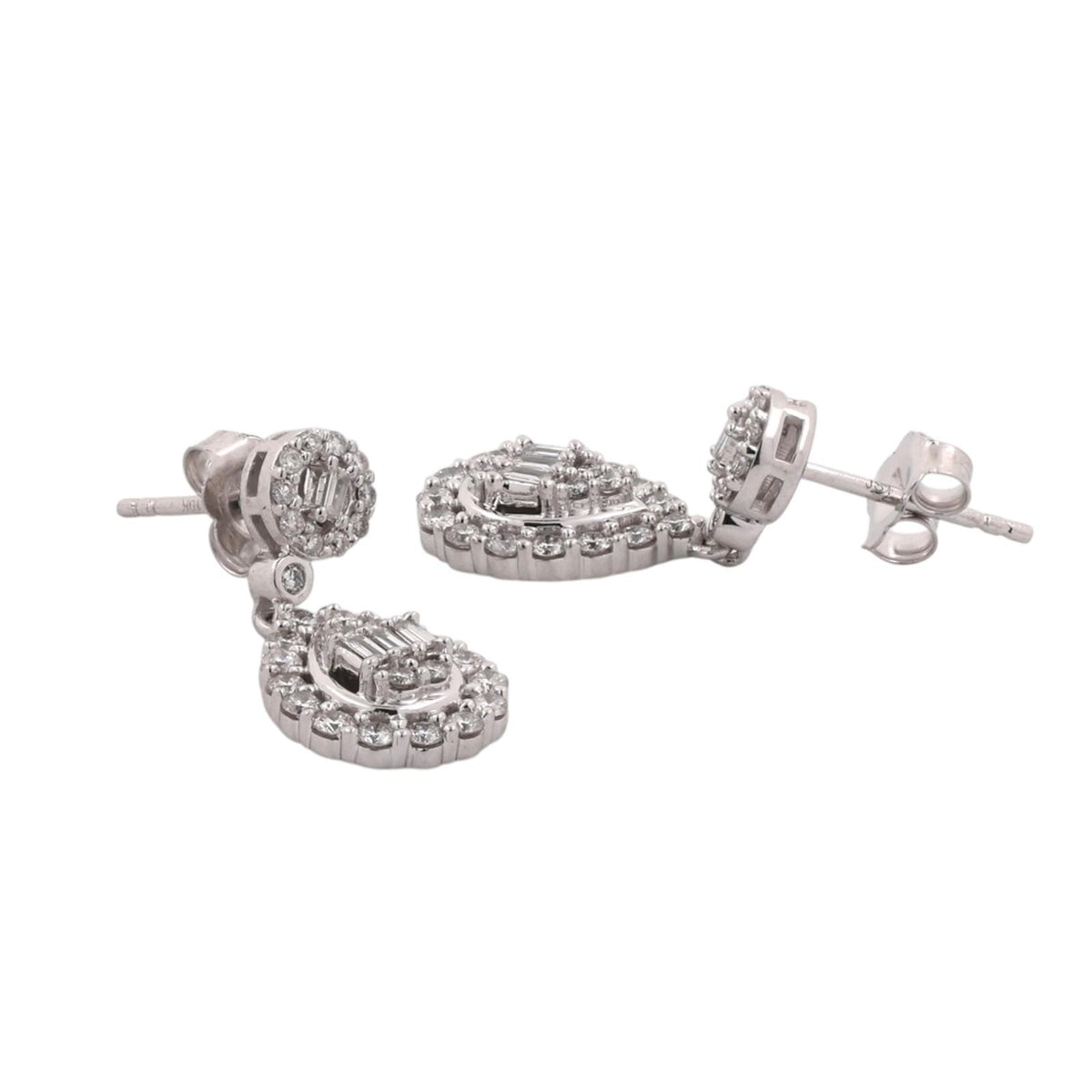 Natural Diamond Teardrop Dangle Earrings 10K White Gold 1.35 CTW Round Baguette