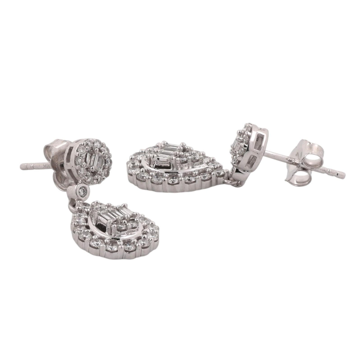 Natural Diamond Teardrop Dangle Earrings 10K White Gold 1.35 CTW Round Baguette