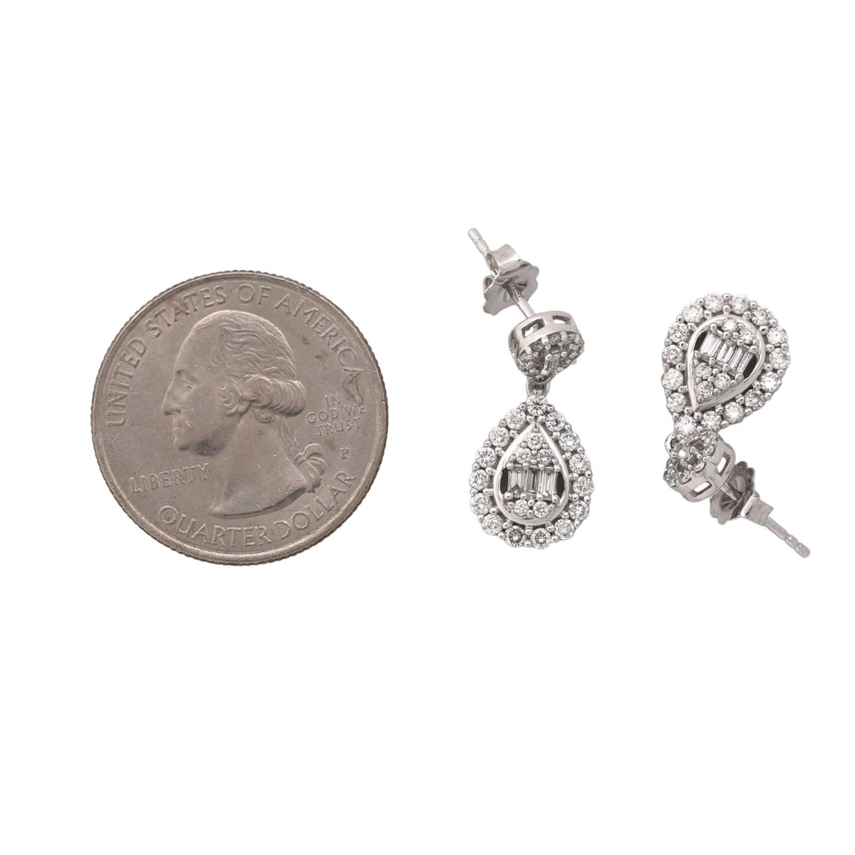 Natural Diamond Teardrop Dangle Earrings 10K White Gold 1.35 CTW Round Baguette