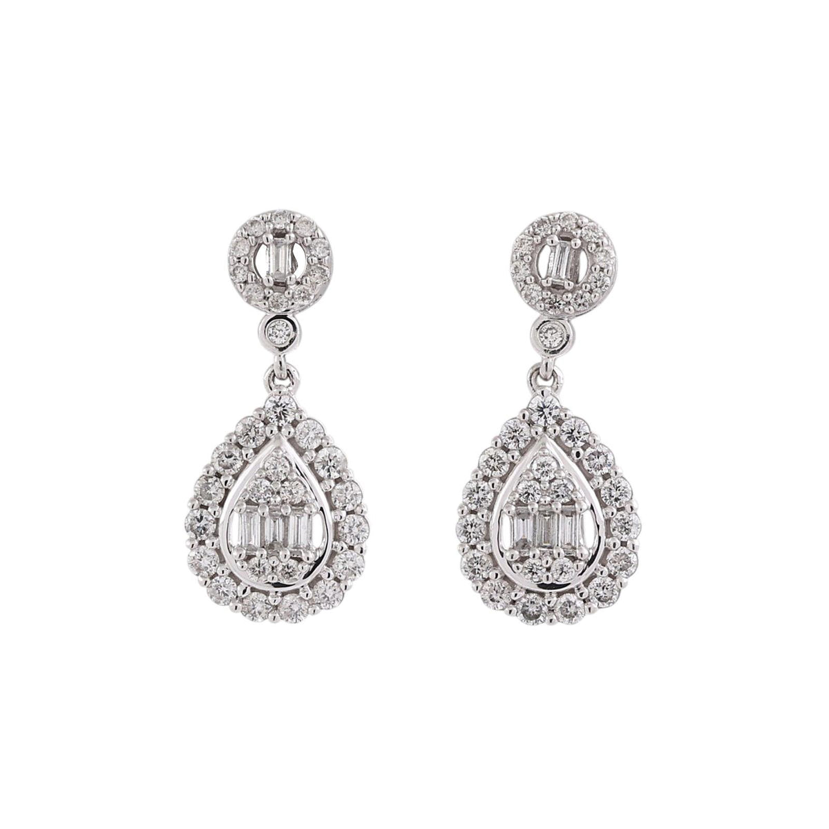 Natural Diamond Teardrop Dangle Earrings 10K White Gold 1.35 CTW Round Baguette