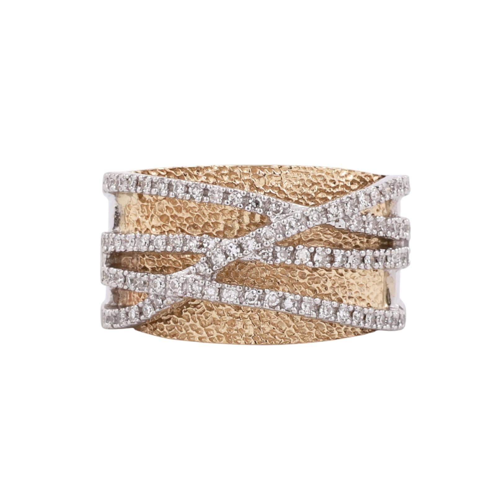 14K Two-Tone Gold 0.60CTW Diamond Criss Cross Wide Band Ring EFFY Size 7.5