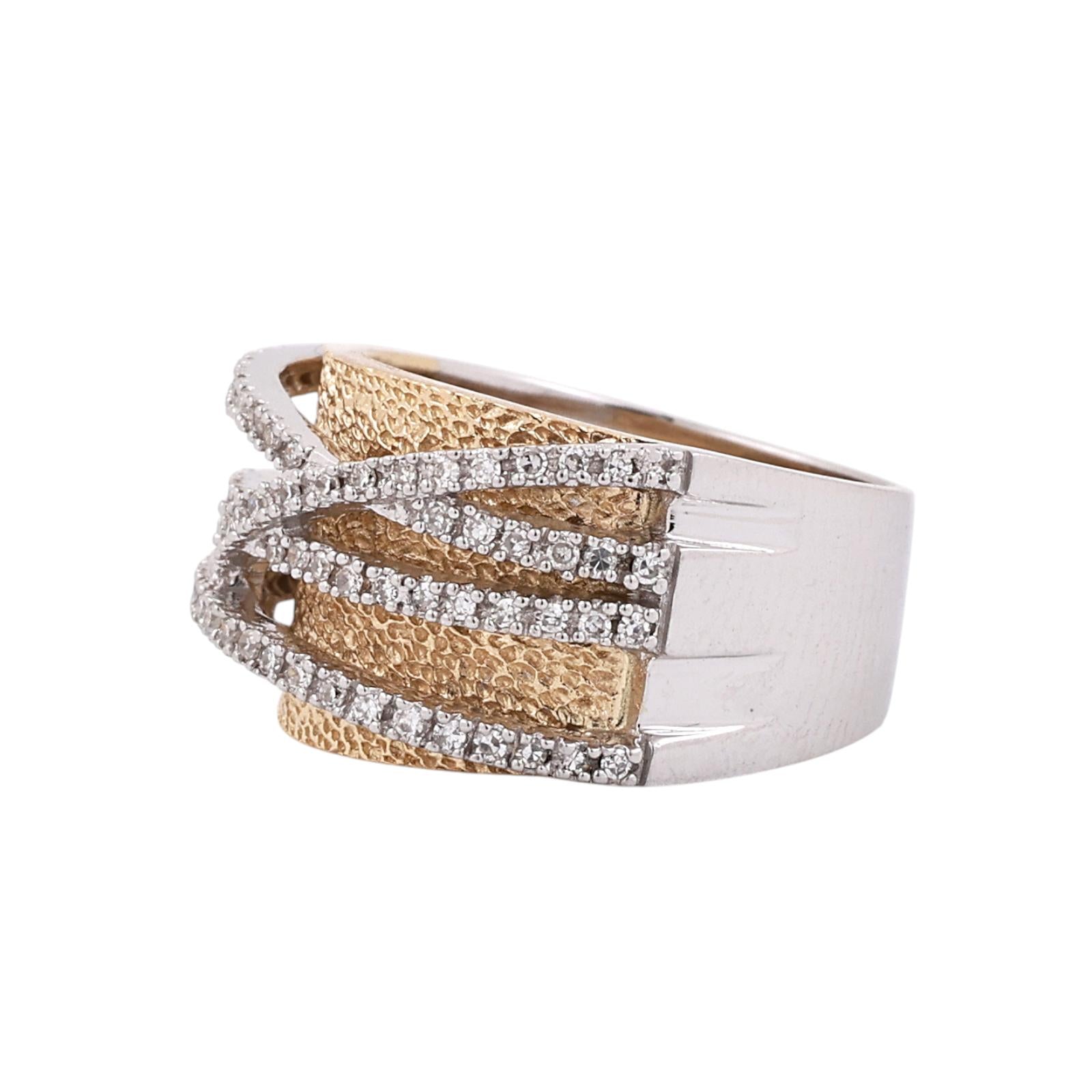 14K Two-Tone Gold 0.60CTW Diamond Criss Cross Wide Band Ring EFFY Size 7.5