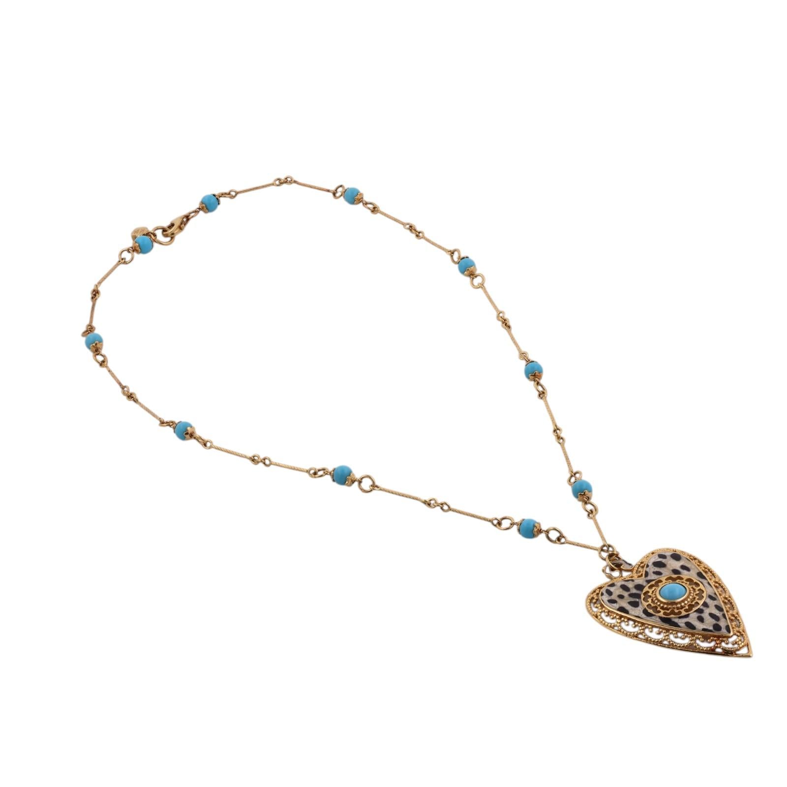 Italian 14K Gold Leopard Print Enamel Heart Pendant Necklace Turquoise Bead 16"