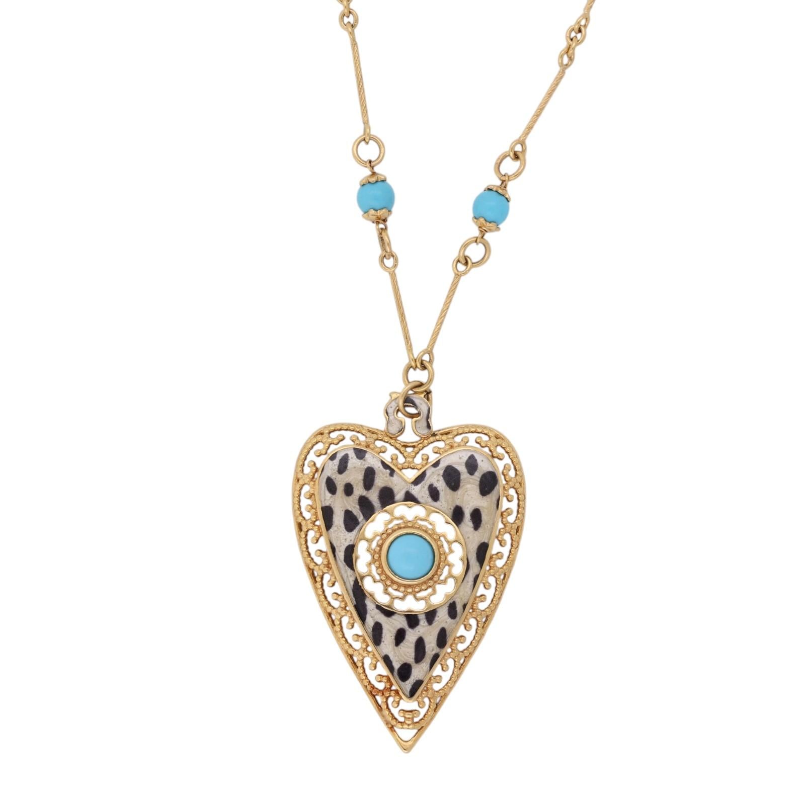 Italian 14K Gold Leopard Print Enamel Heart Pendant Necklace Turquoise Bead 16"