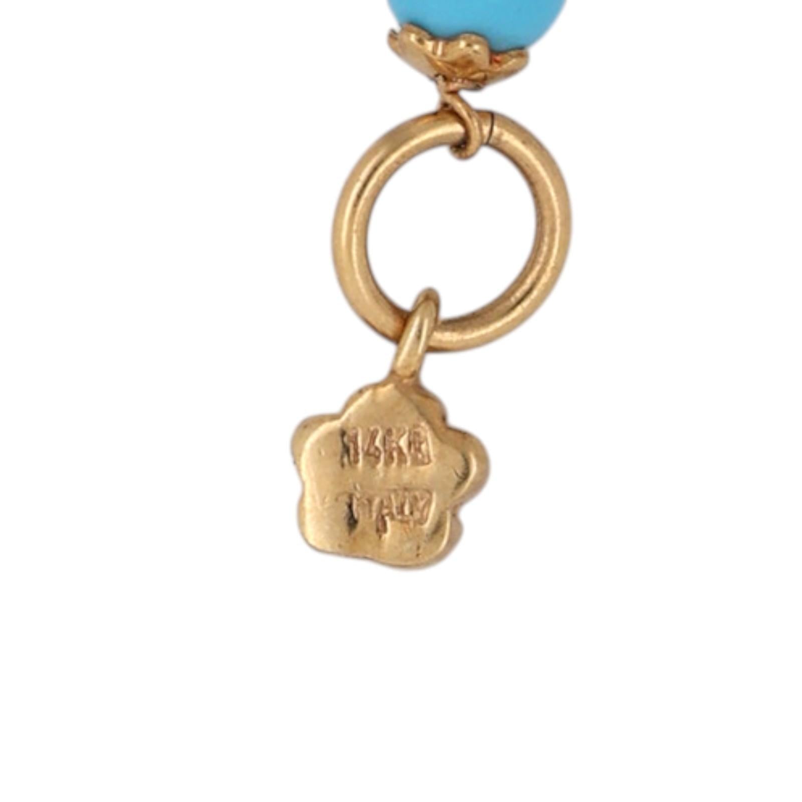 Italian 14K Gold Leopard Print Enamel Heart Pendant Necklace Turquoise Bead 16"