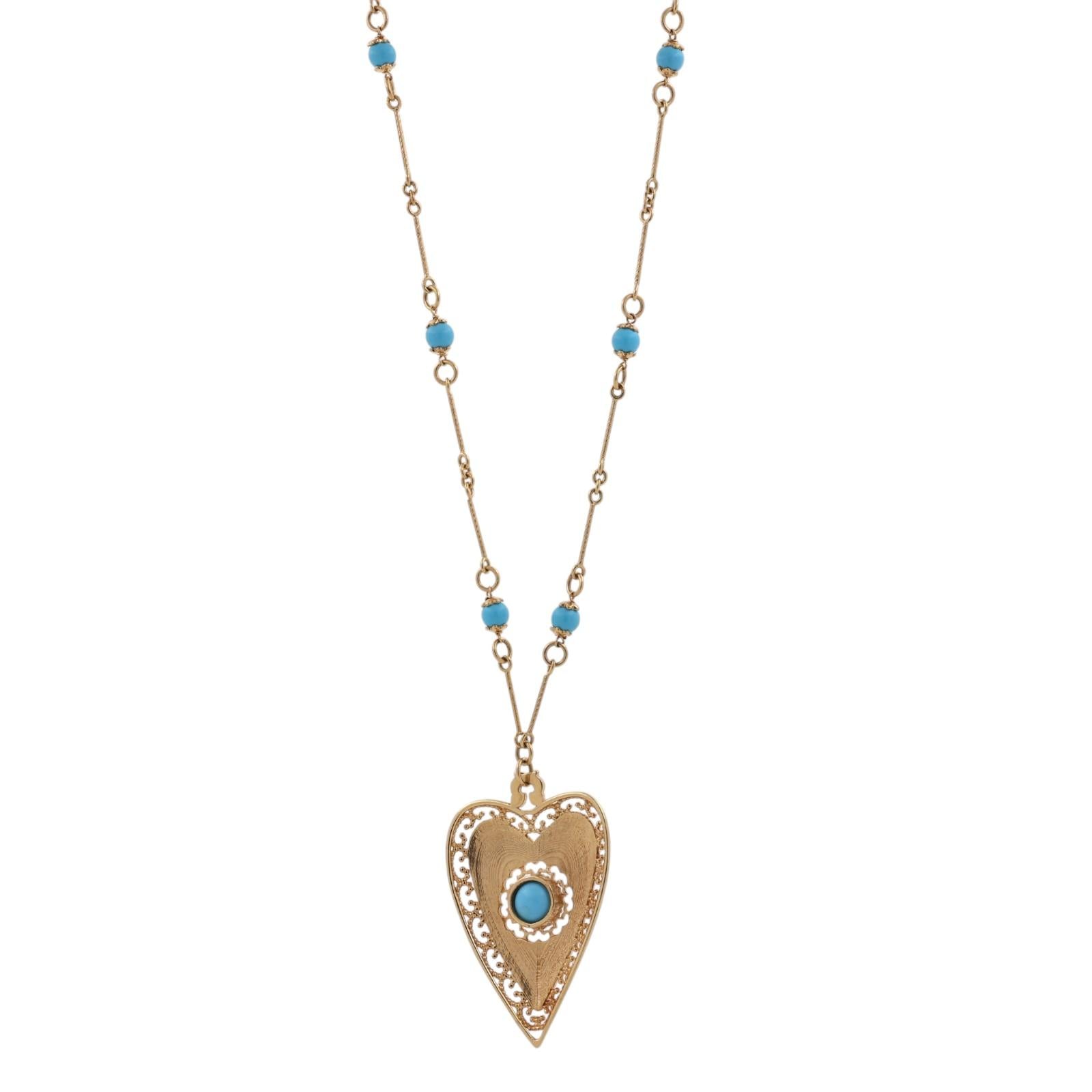 Italian 14K Gold Leopard Print Enamel Heart Pendant Necklace Turquoise Bead 16"