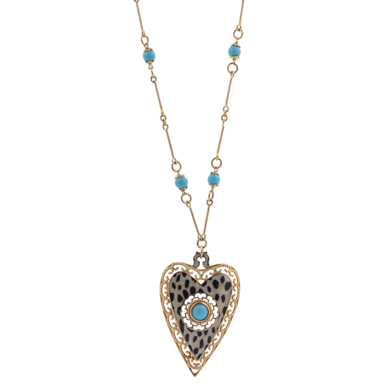 Italian 14K Gold Leopard Print Enamel Heart Pendant Necklace Turquoise Bead 16"