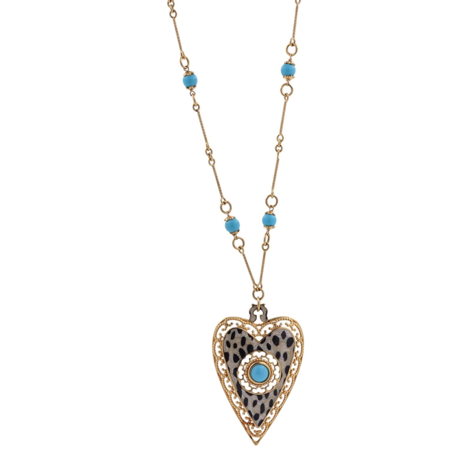 Italian 14K Gold Leopard Print Enamel Heart Pendant Necklace Turquoise Bead 16"