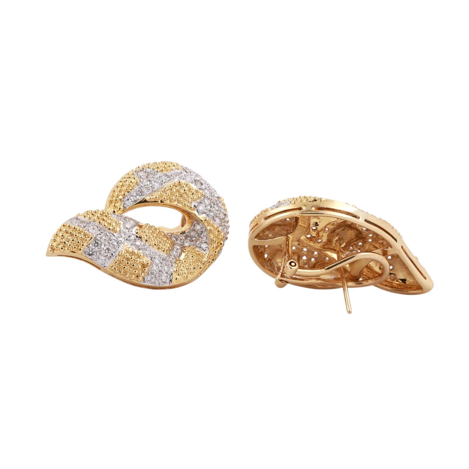 18K Gold 2.50 CTW Diamond Swirl Drop Earrings 0.60" Omega Backs Estate