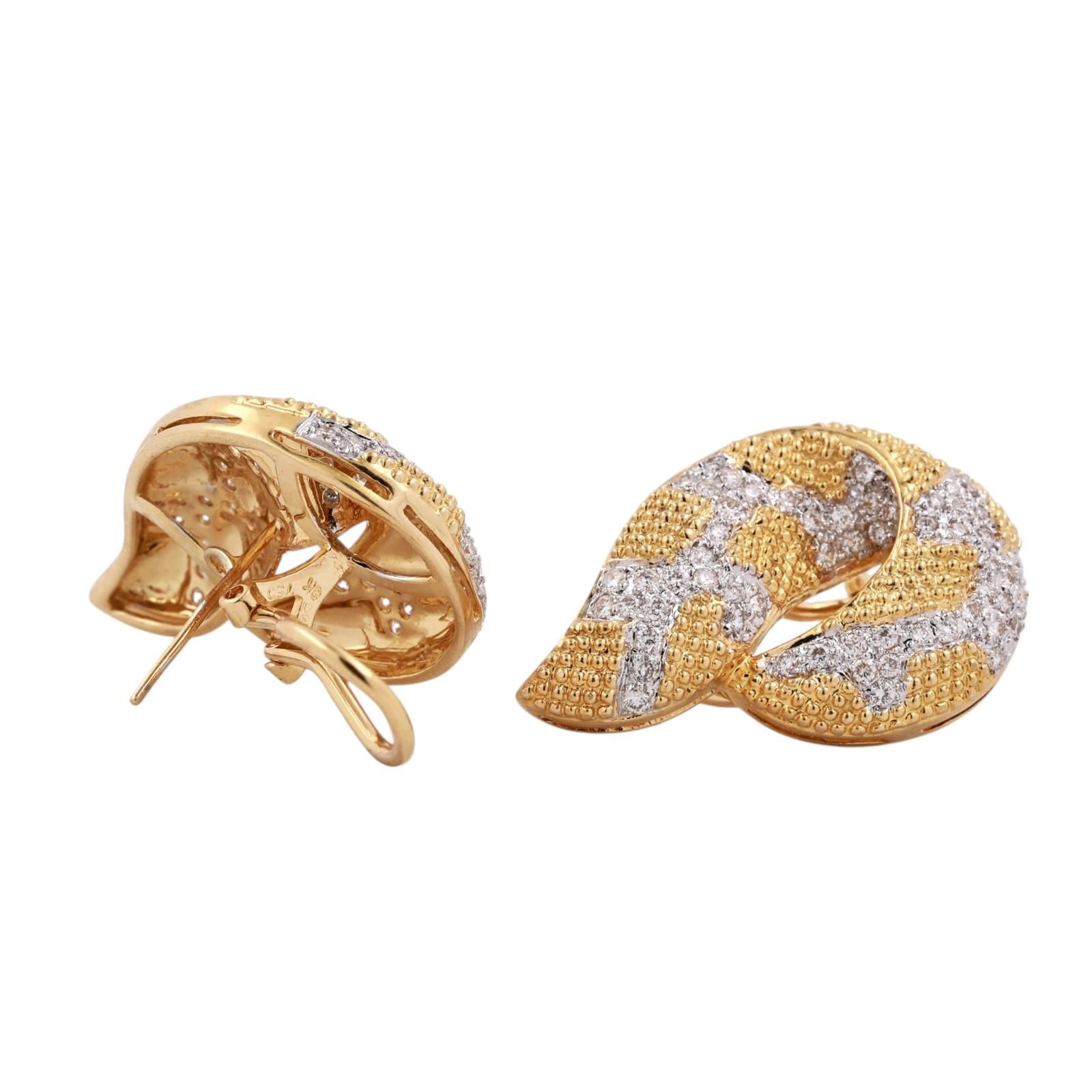 18K Gold 2.50 CTW Diamond Swirl Drop Earrings 0.60" Omega Backs Estate