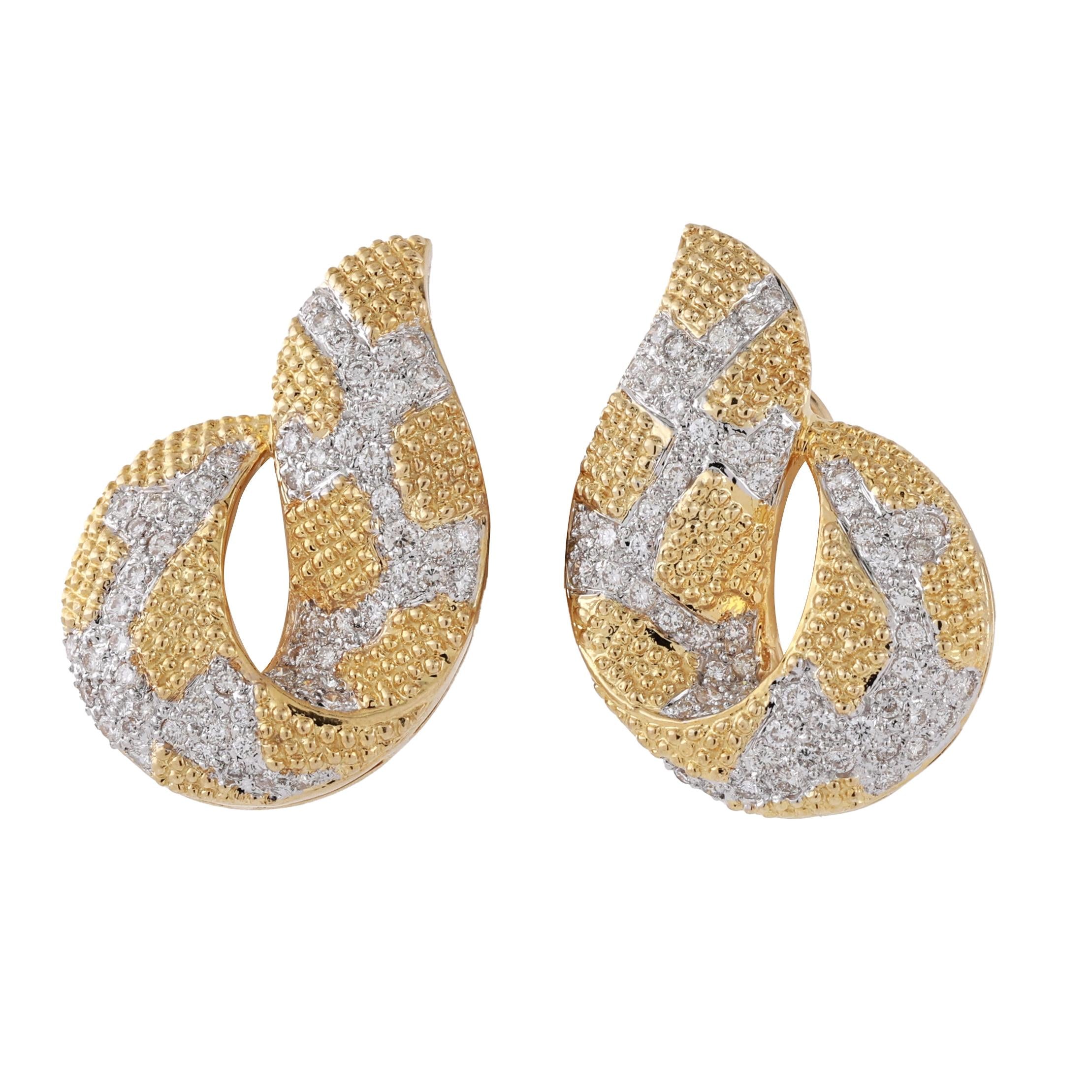 18K Gold 2.50 CTW Diamond Swirl Drop Earrings 0.60" Omega Backs Estate
