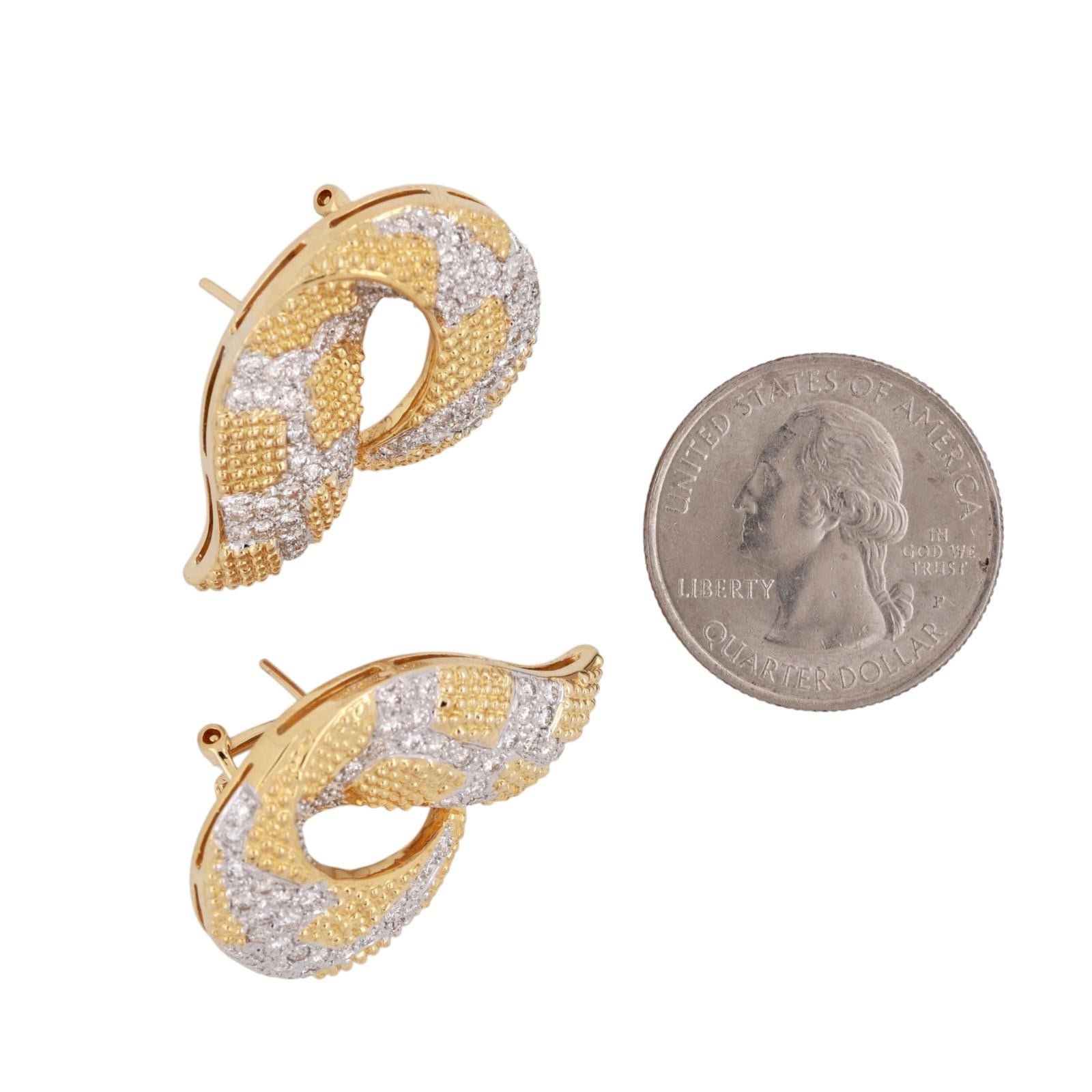 18K Gold 2.50 CTW Diamond Swirl Drop Earrings 0.60" Omega Backs Estate
