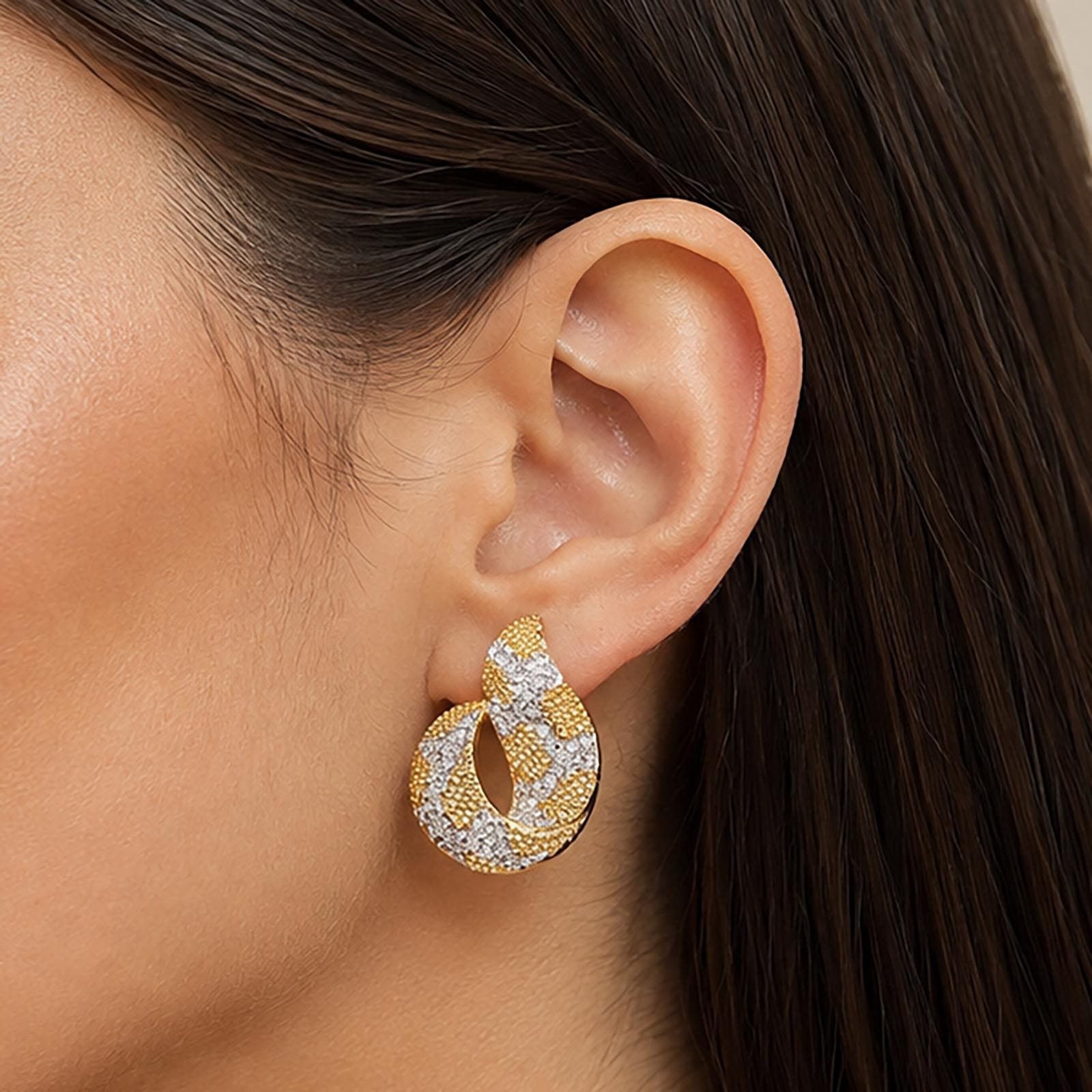 18K Gold 2.50 CTW Diamond Swirl Drop Earrings 0.60" Omega Backs Estate