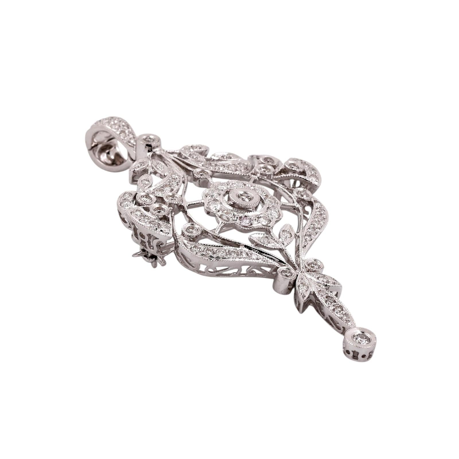 White Gold 1.75CTW Natural Diamond Art Deco Revival Brooch Pin Pendant Estate