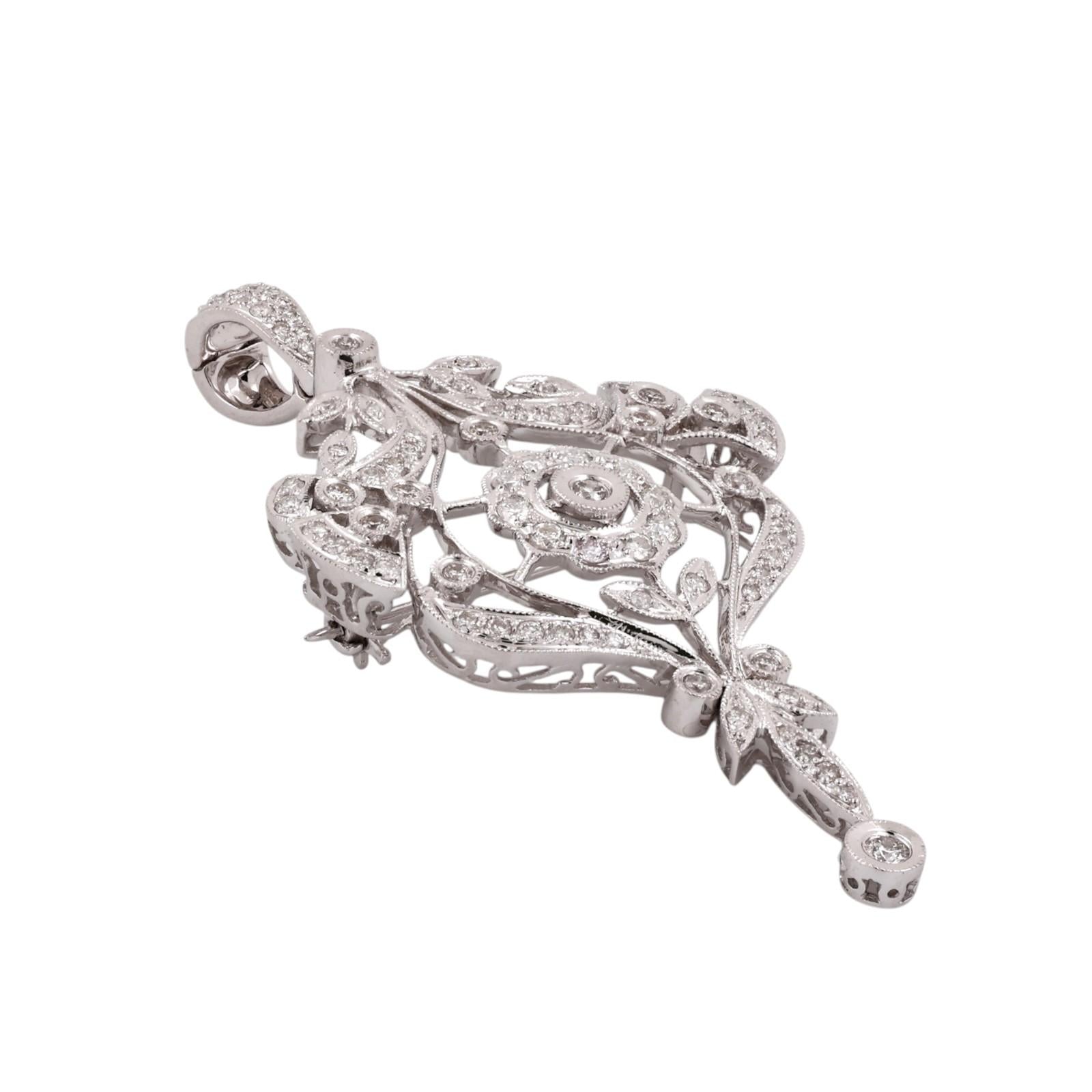White Gold 1.75CTW Natural Diamond Art Deco Revival Brooch Pin Pendant Estate