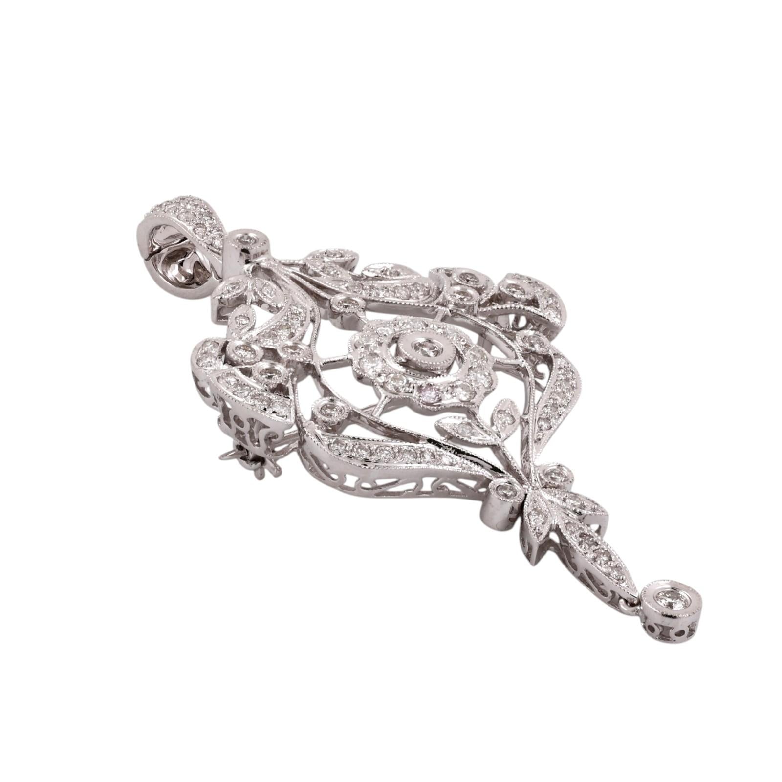 White Gold 1.75CTW Natural Diamond Art Deco Revival Brooch Pin Pendant Estate