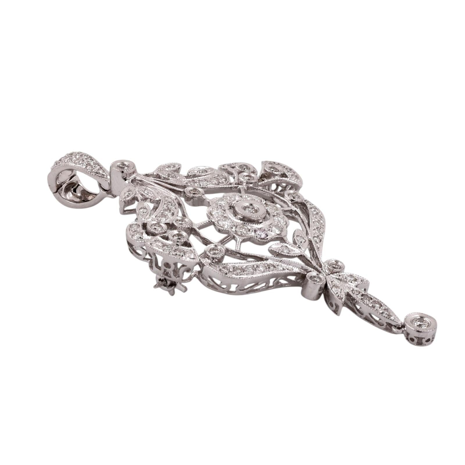 White Gold 1.75CTW Natural Diamond Art Deco Revival Brooch Pin Pendant Estate