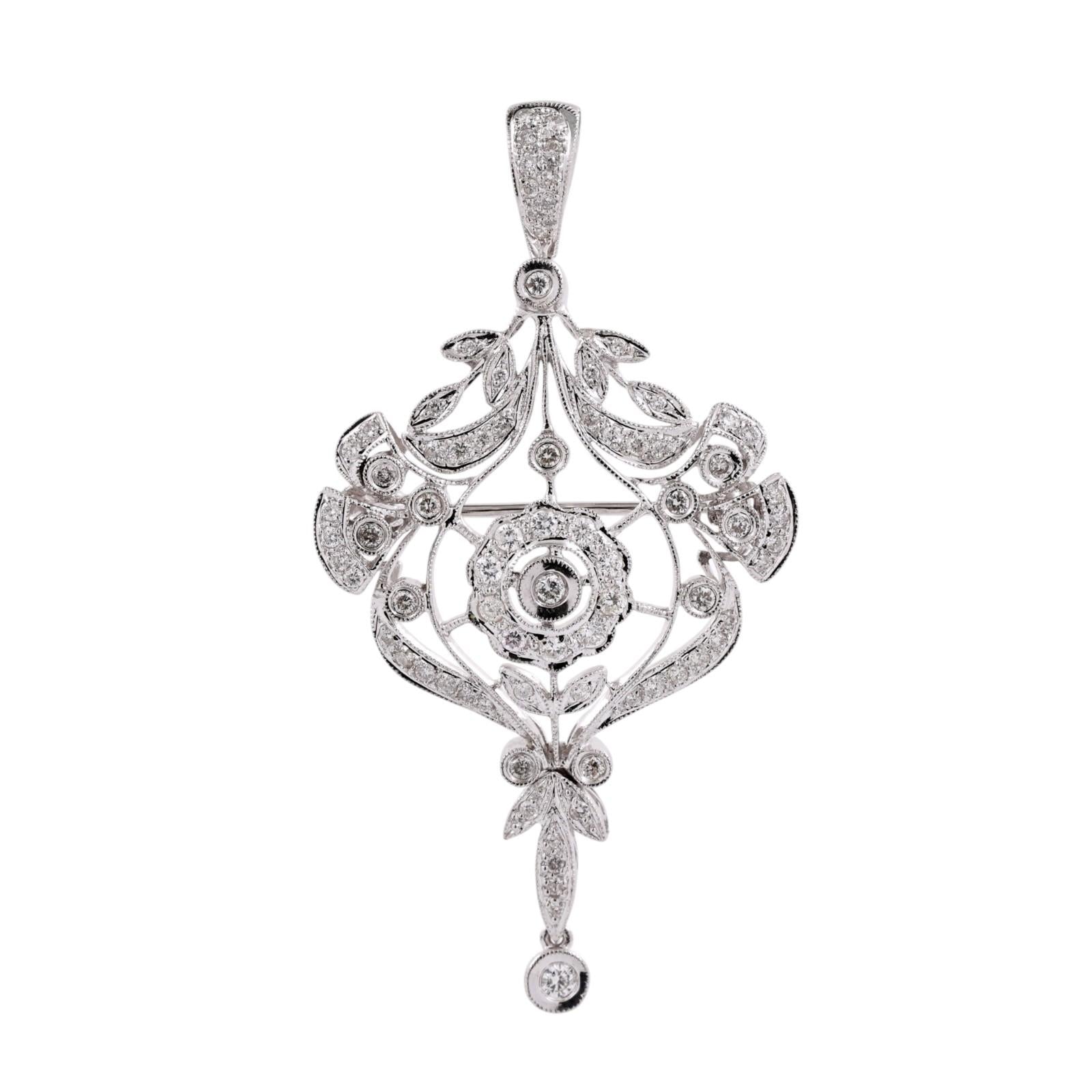 White Gold 1.75CTW Natural Diamond Art Deco Revival Brooch Pin Pendant Estate