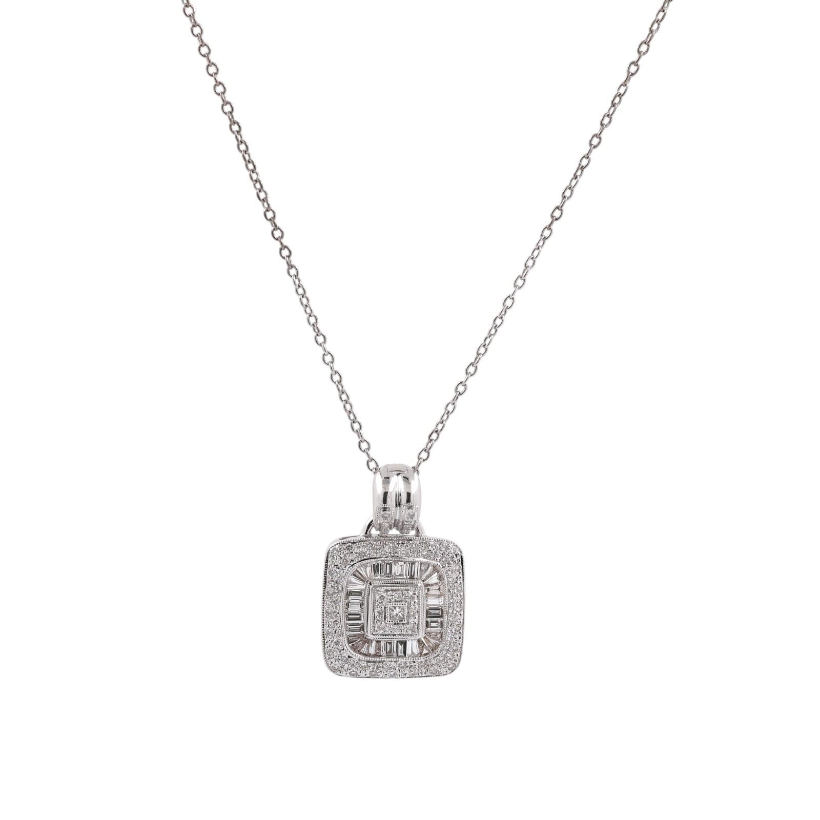 18K White Gold 1.30CTW Diamond Cluster Halo Pendant Chain Necklace 16"