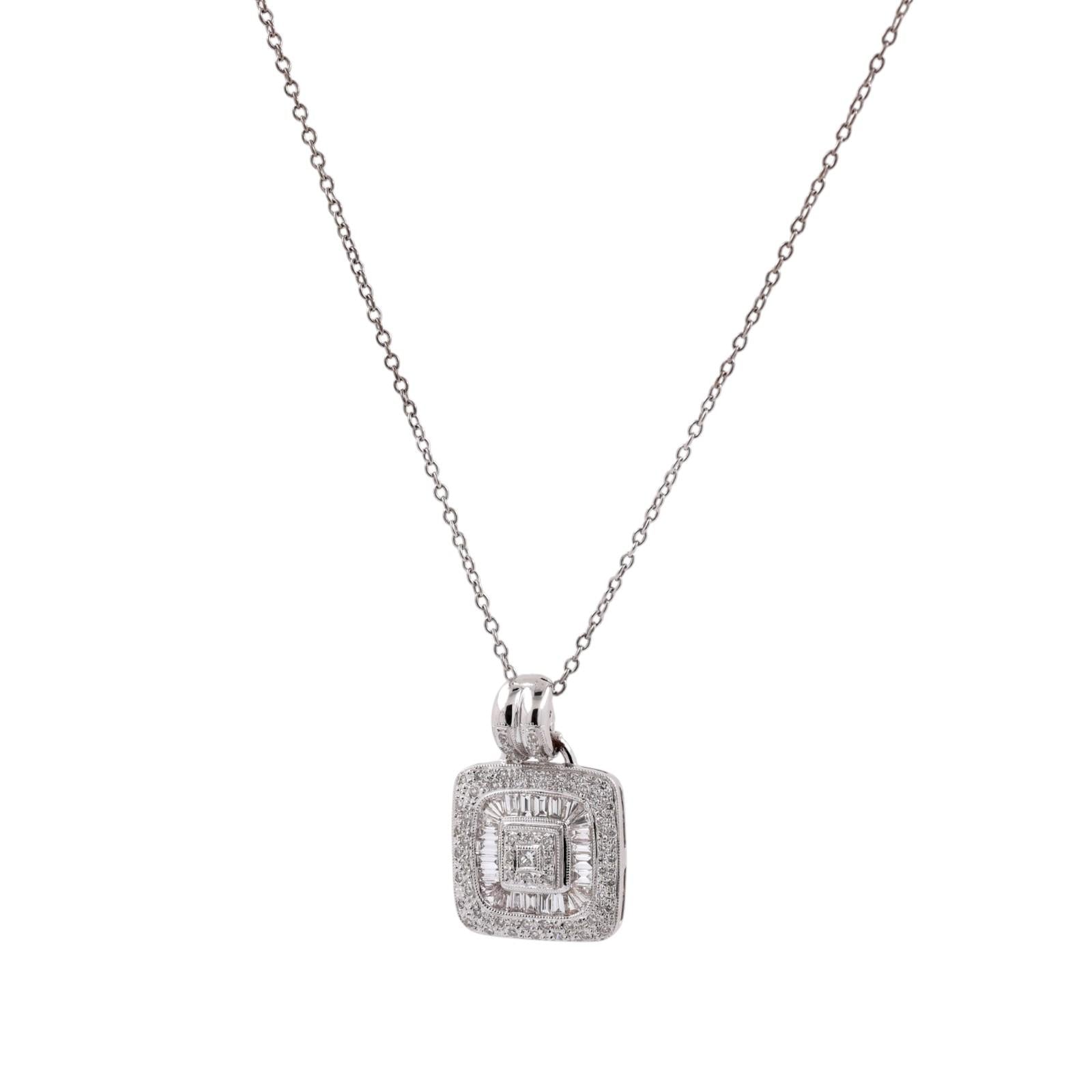 18K White Gold 1.30CTW Diamond Cluster Halo Pendant Chain Necklace 16"