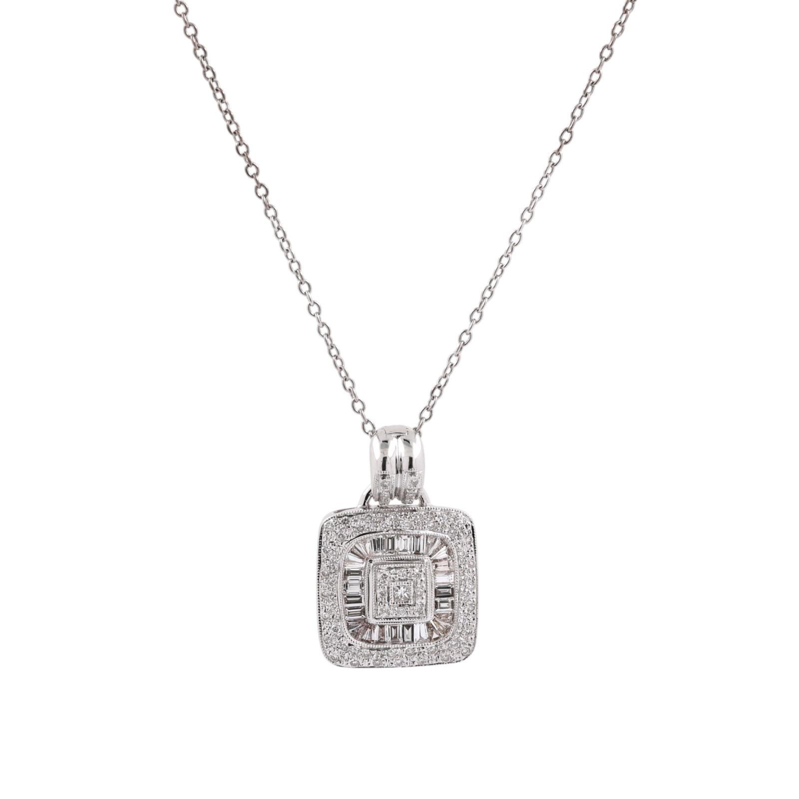 18K White Gold 1.30CTW Diamond Cluster Halo Pendant Chain Necklace 16"