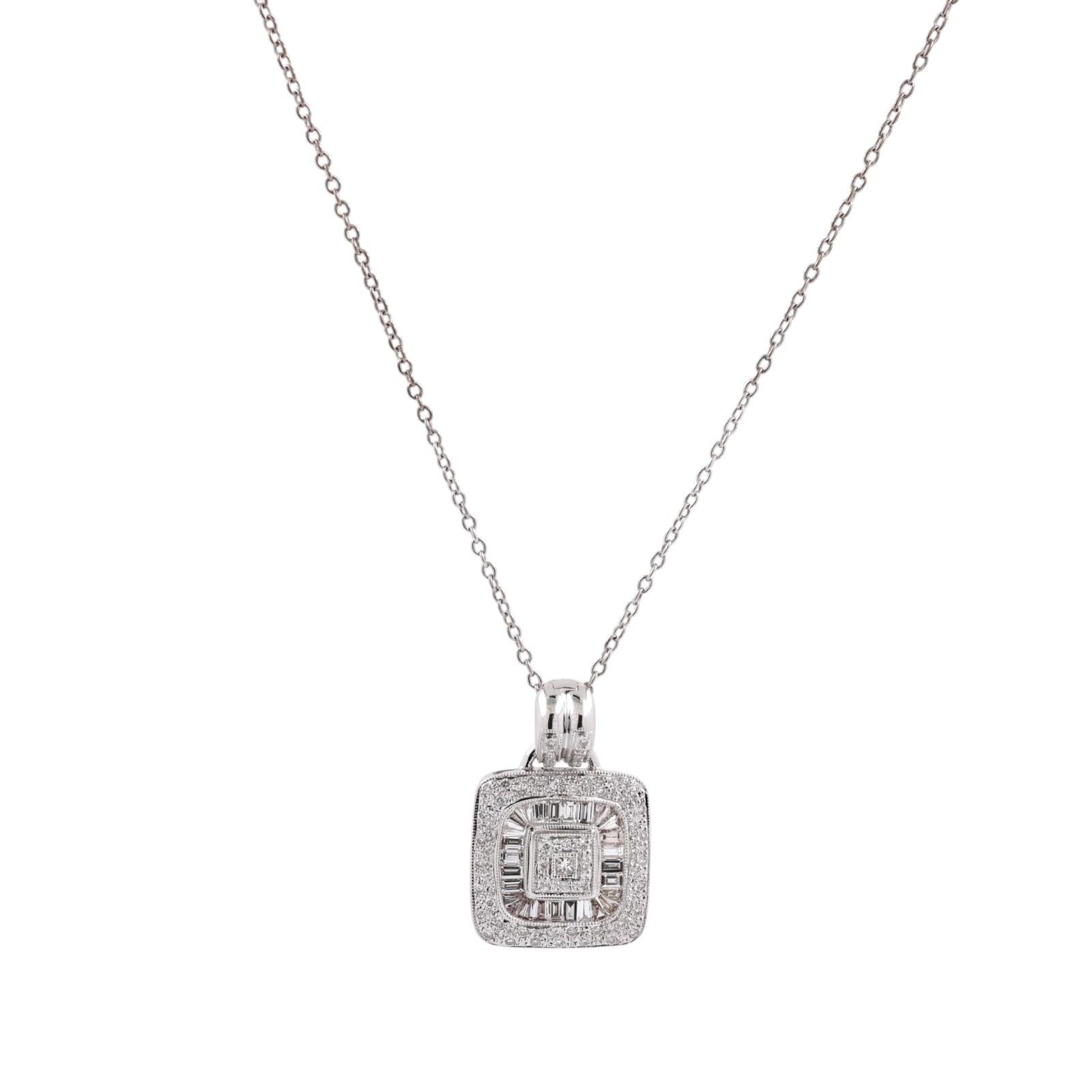 18K White Gold 1.30CTW Diamond Cluster Halo Pendant Chain Necklace 16"