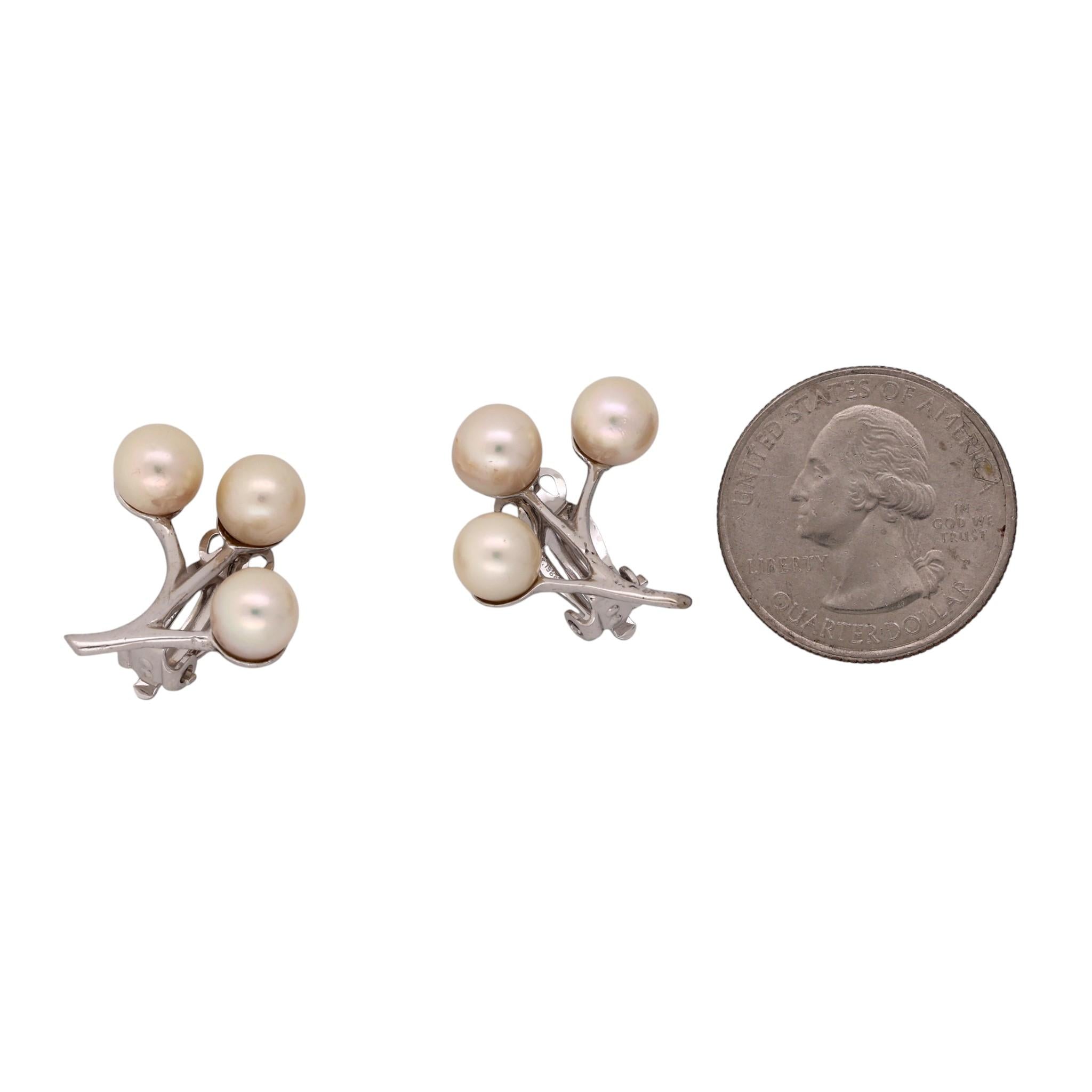 Vintage Akoya Cultured Pearl Spray Clip On Earrings 14K White Gold Omega Backs