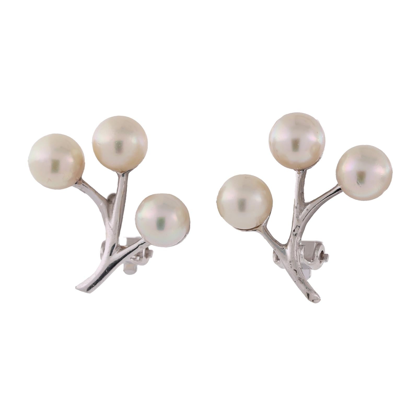 Vintage Akoya Cultured Pearl Spray Clip On Earrings 14K White Gold Omega Backs