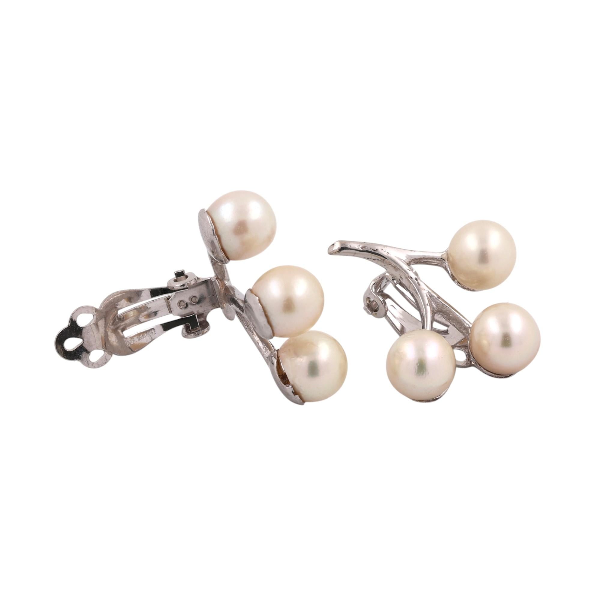 Vintage Akoya Cultured Pearl Spray Clip On Earrings 14K White Gold Omega Backs