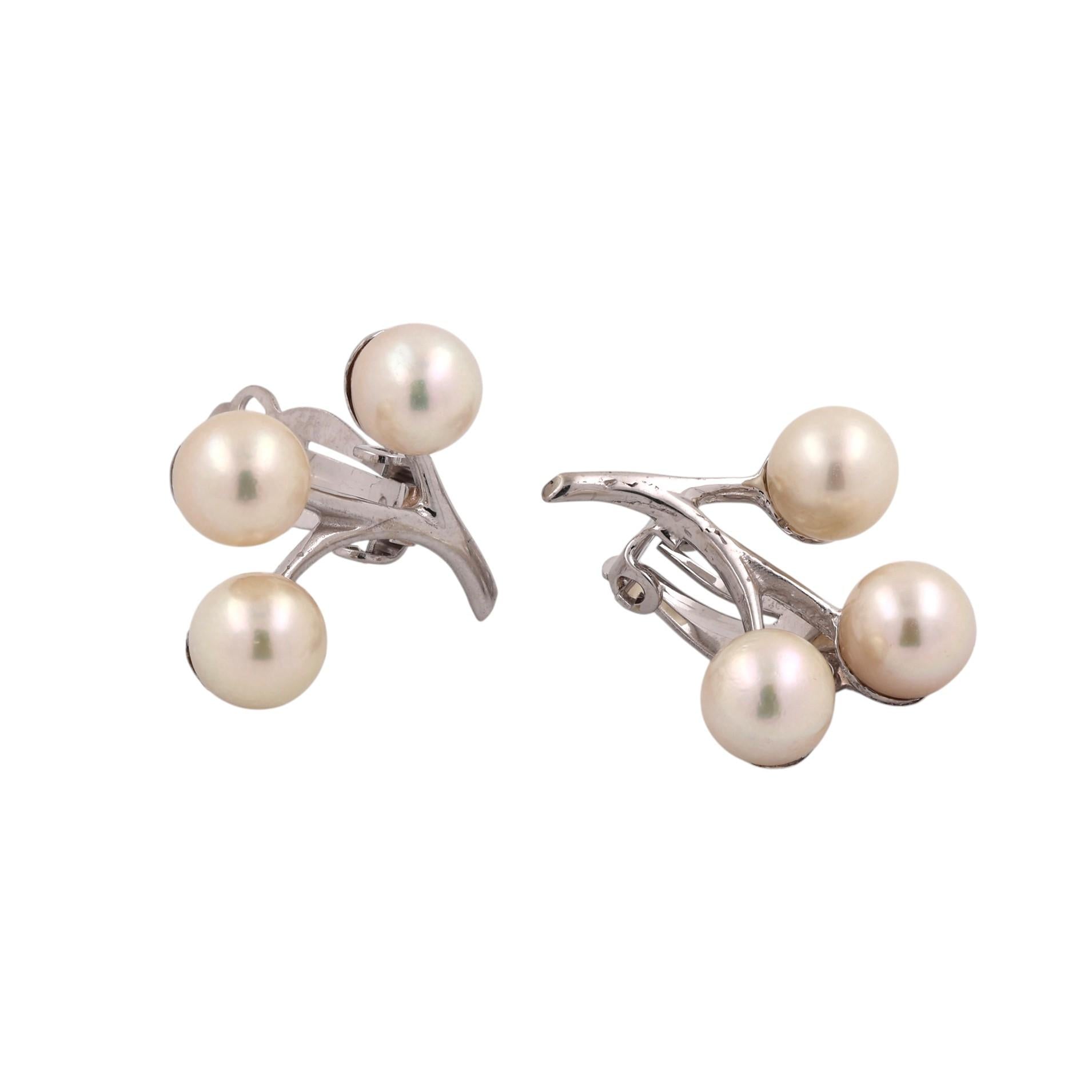 Vintage Akoya Cultured Pearl Spray Clip On Earrings 14K White Gold Omega Backs