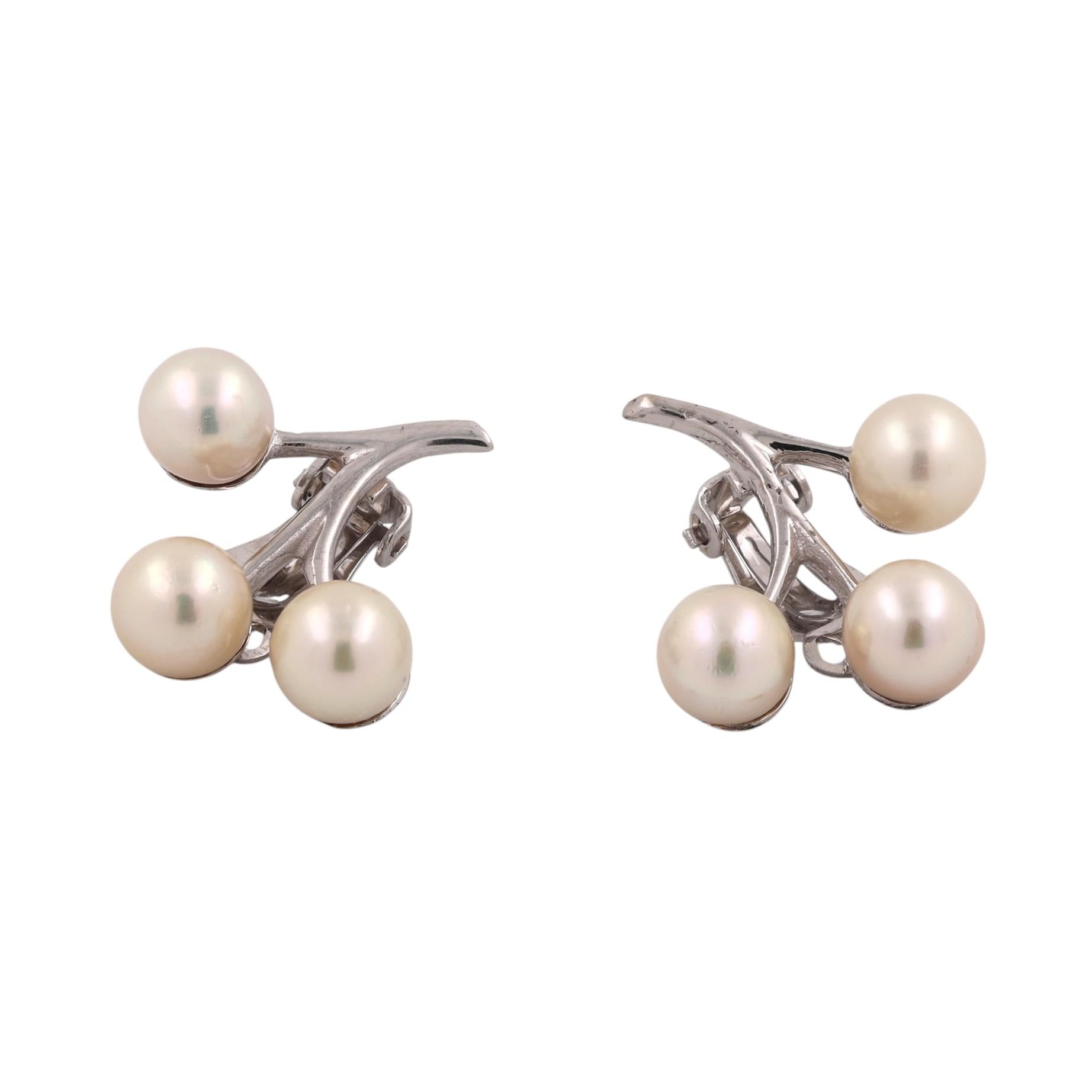 Vintage Akoya Cultured Pearl Spray Clip On Earrings 14K White Gold Omega Backs