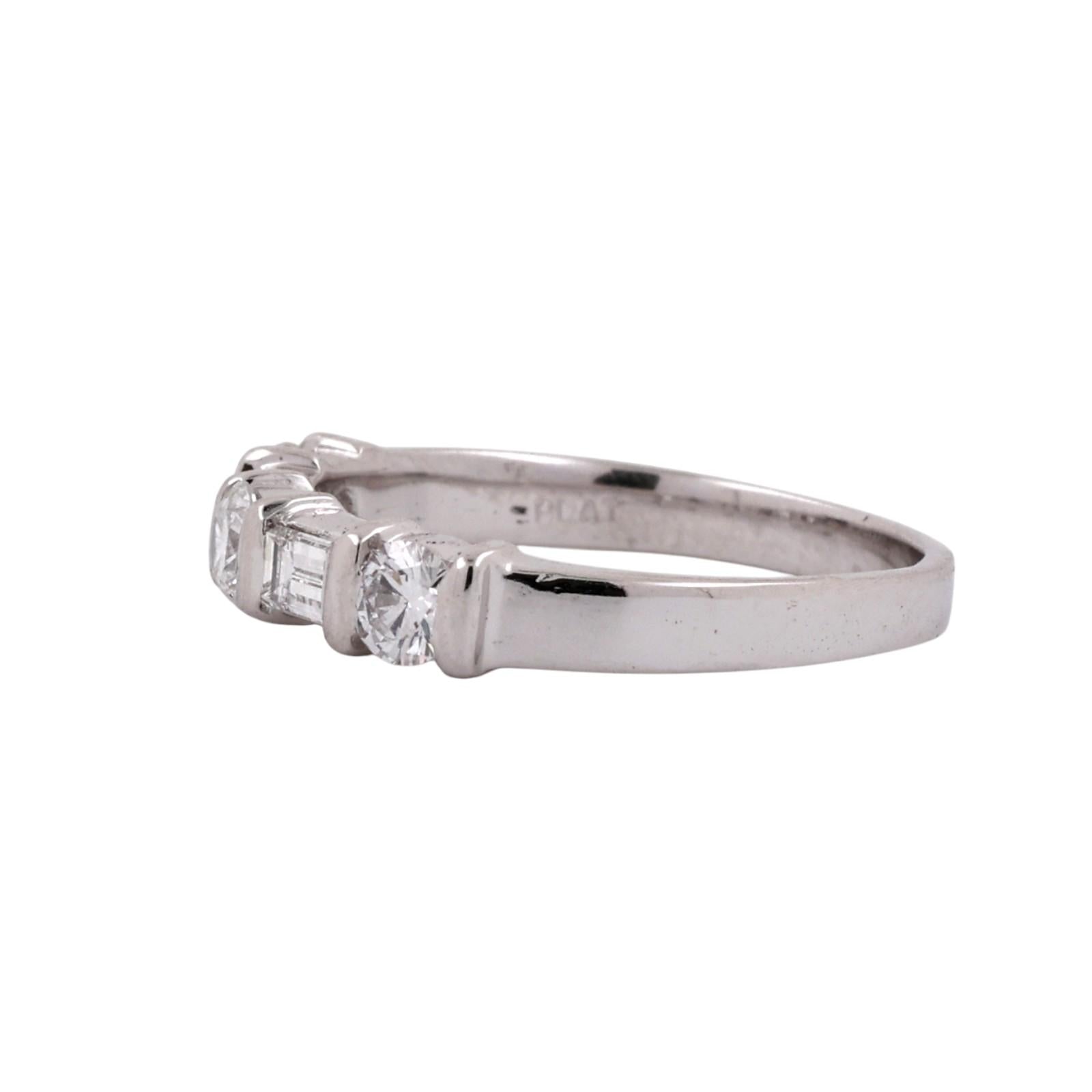 Platinum 0.70CTW Round & Baguette Diamond 5 Stone Band Ring Size 7