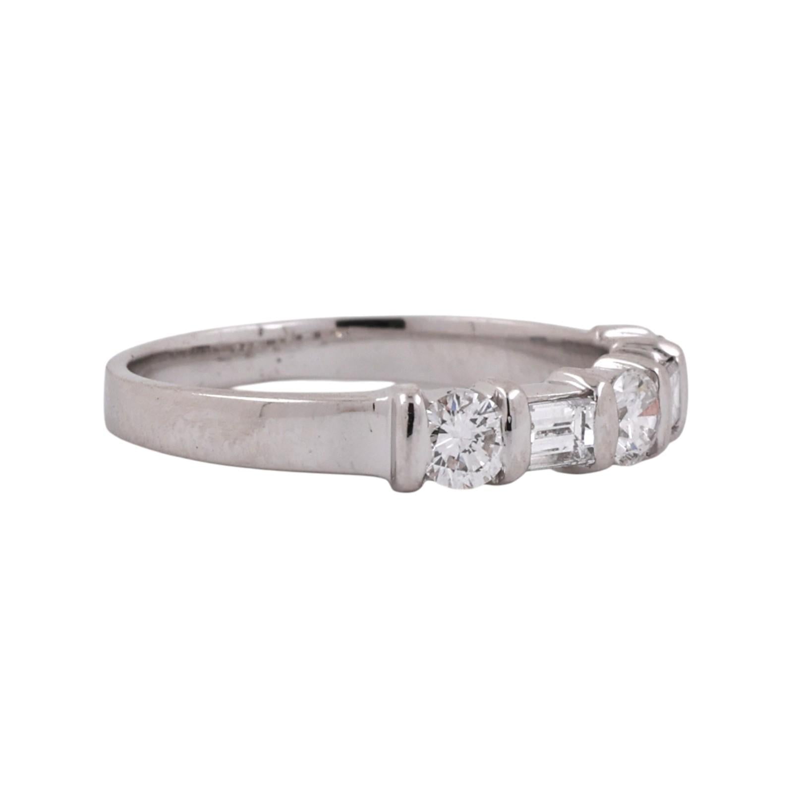 Platinum 0.70CTW Round & Baguette Diamond 5 Stone Band Ring Size 7