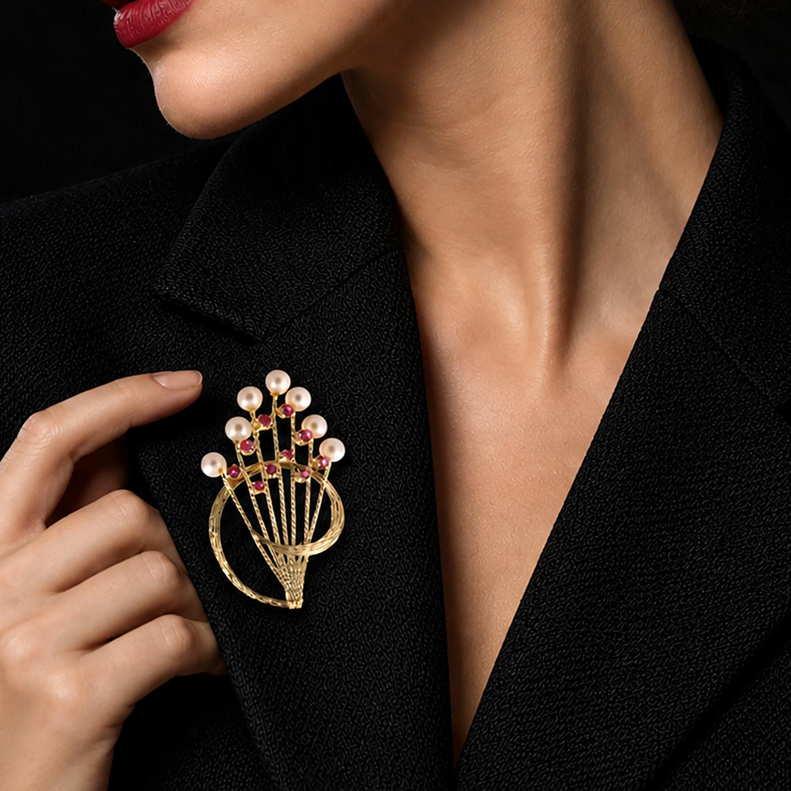Ruby Freshwater Pearl Floral Bouquet Brooch Pin 18K Yellow Gold 608AL