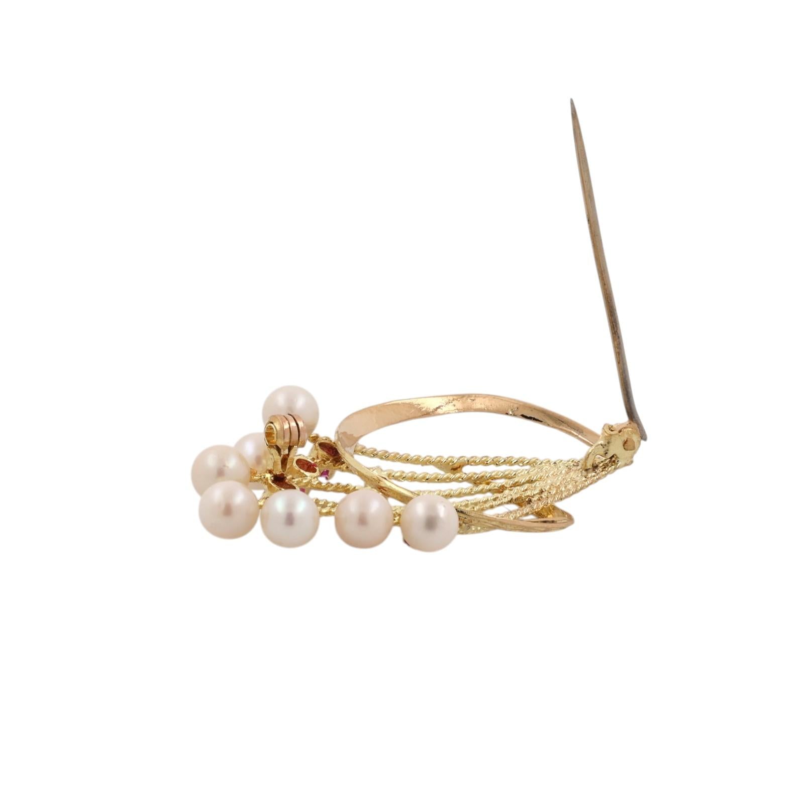 Ruby Freshwater Pearl Floral Bouquet Brooch Pin 18K Yellow Gold 608AL