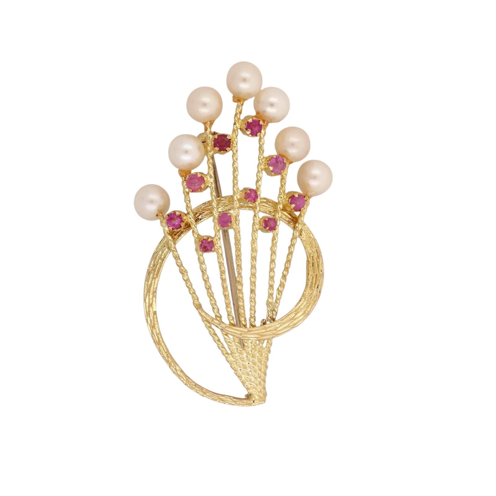 Ruby Freshwater Pearl Floral Bouquet Brooch Pin 18K Yellow Gold 608AL