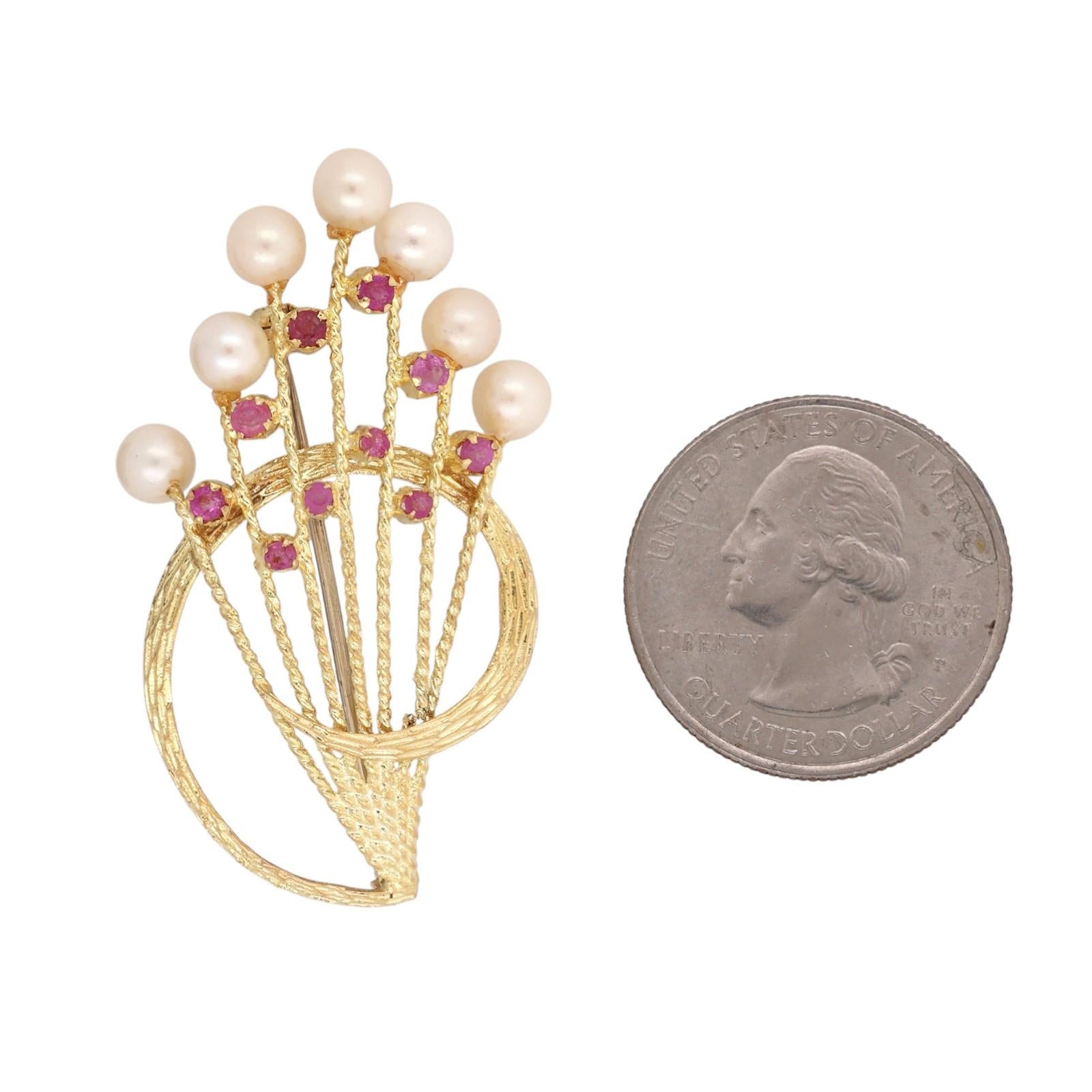 Ruby Freshwater Pearl Floral Bouquet Brooch Pin 18K Yellow Gold 608AL